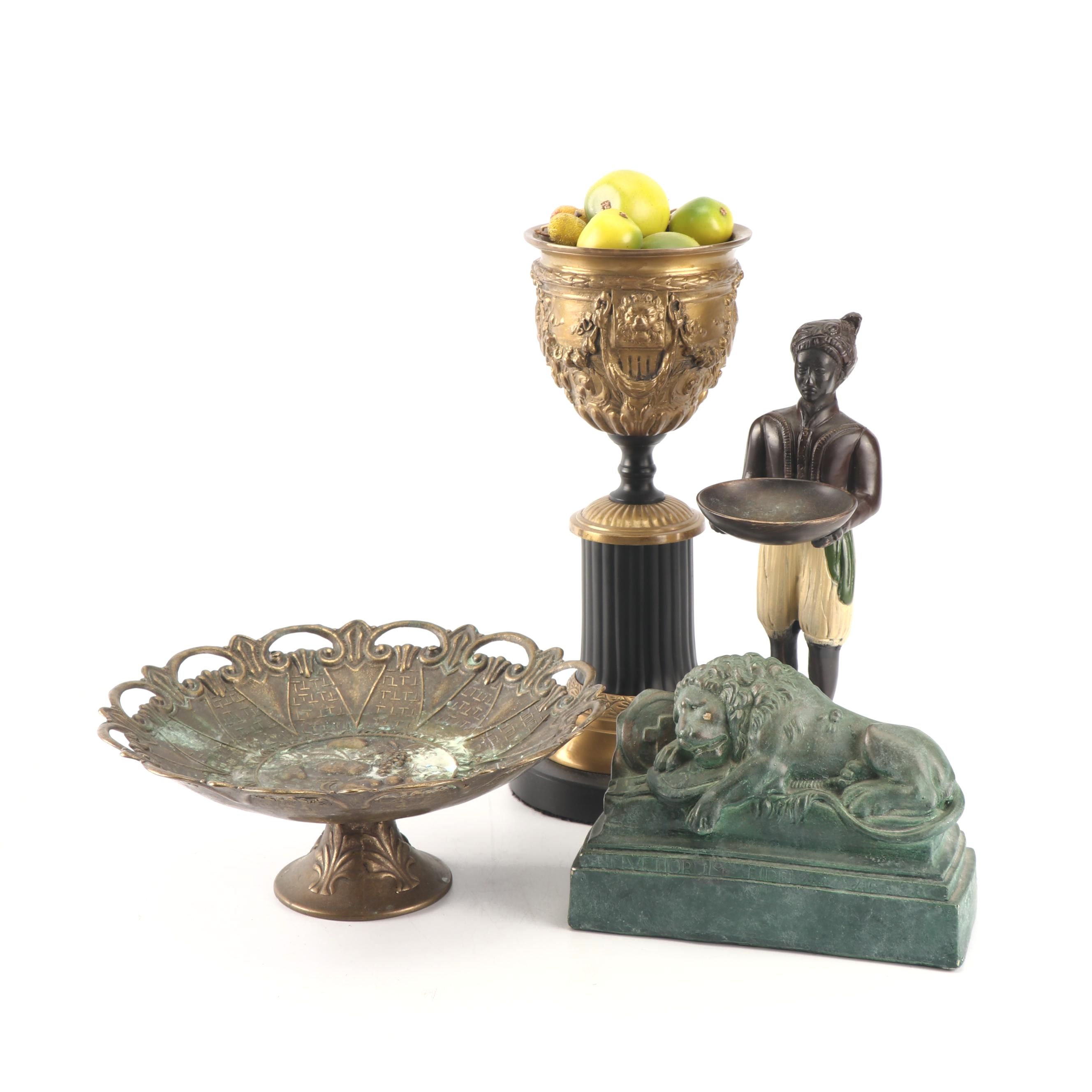 Blackamoor Nubian Figurine with Embossed Brass Vessels and "Lion of Lucerne"