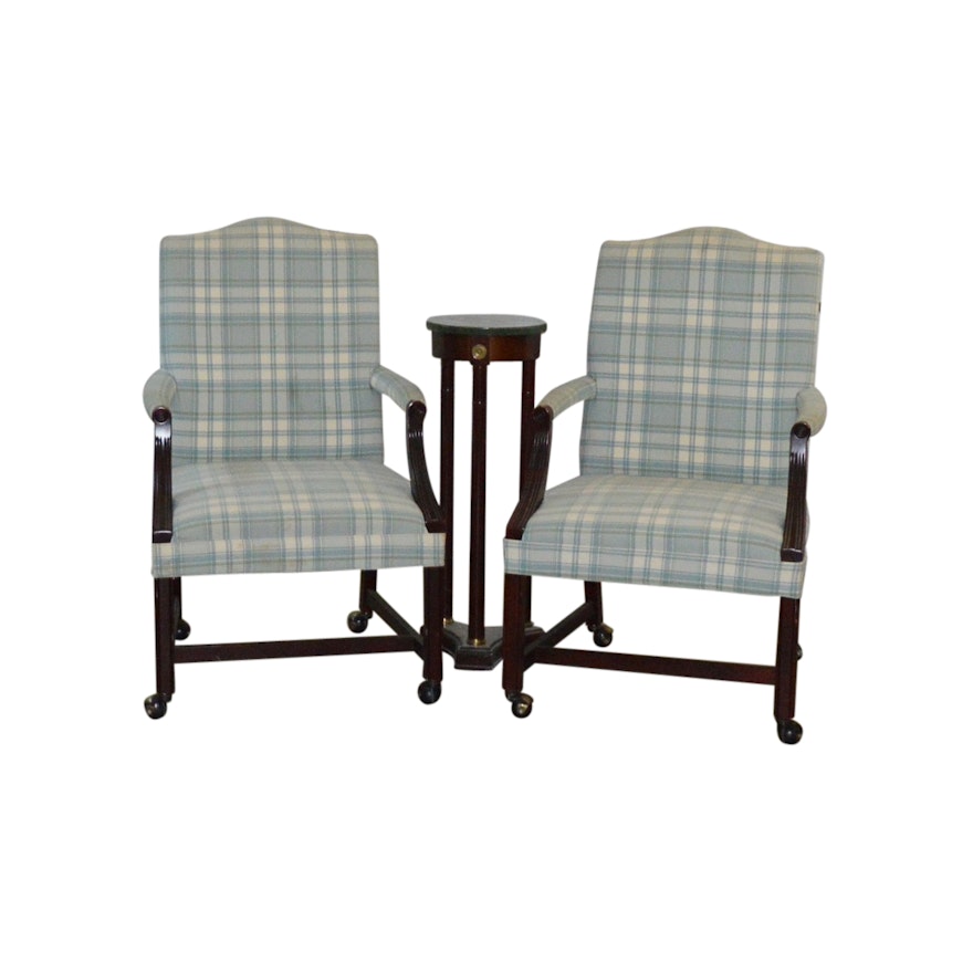 Pair of Contemporary Fairfield Chairs with Bombay Marble Top Tables
