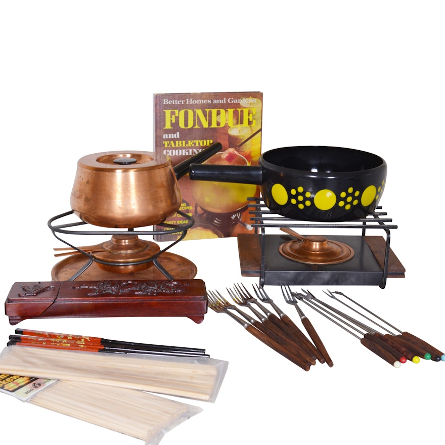 Fondue Pots and Accessories Including Copper Pot and Warming Stand