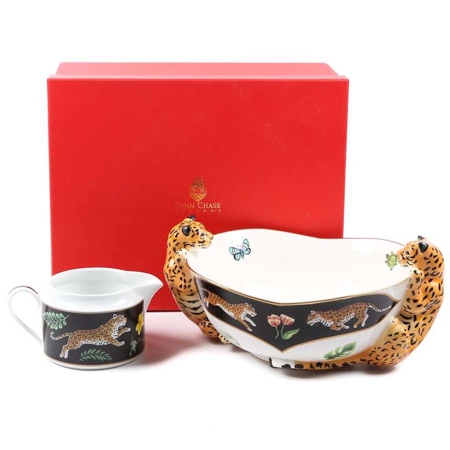 Lynn Chase "Jaguar Jungle" Porcelain Serving Bowl and Sauce Boat