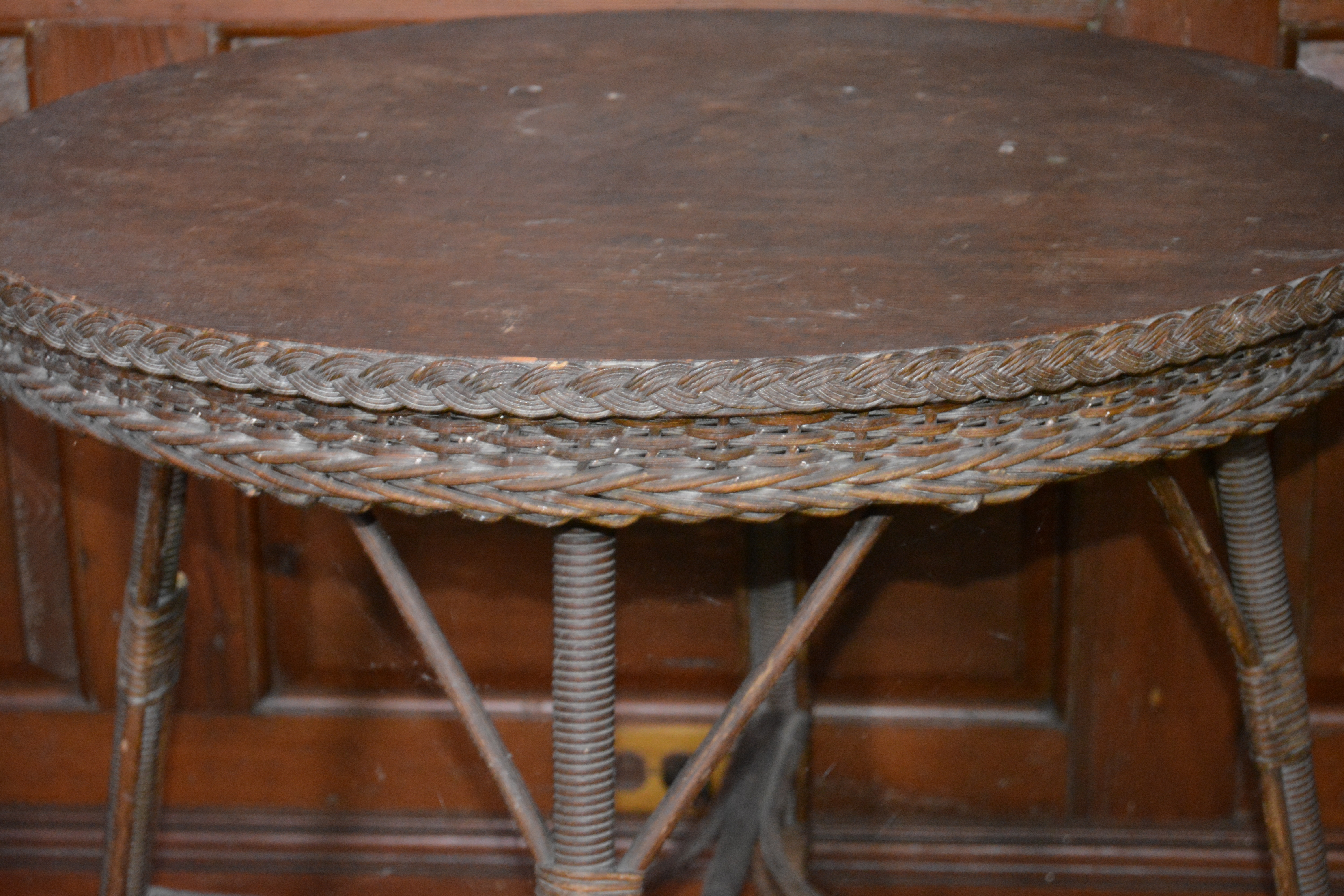 Wicker and Wood Round Side Table, Early 20th Century