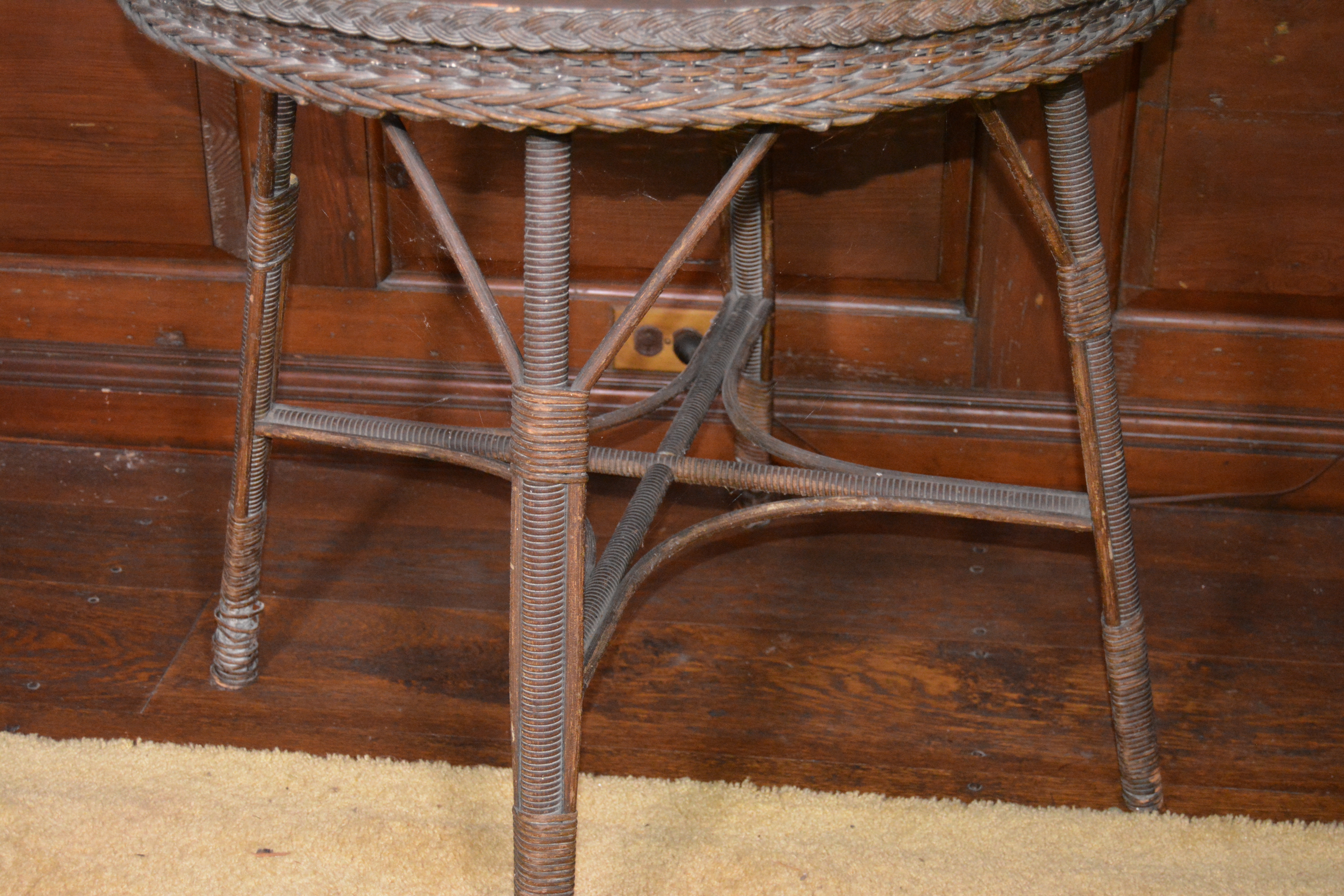 Wicker and Wood Round Side Table, Early 20th Century