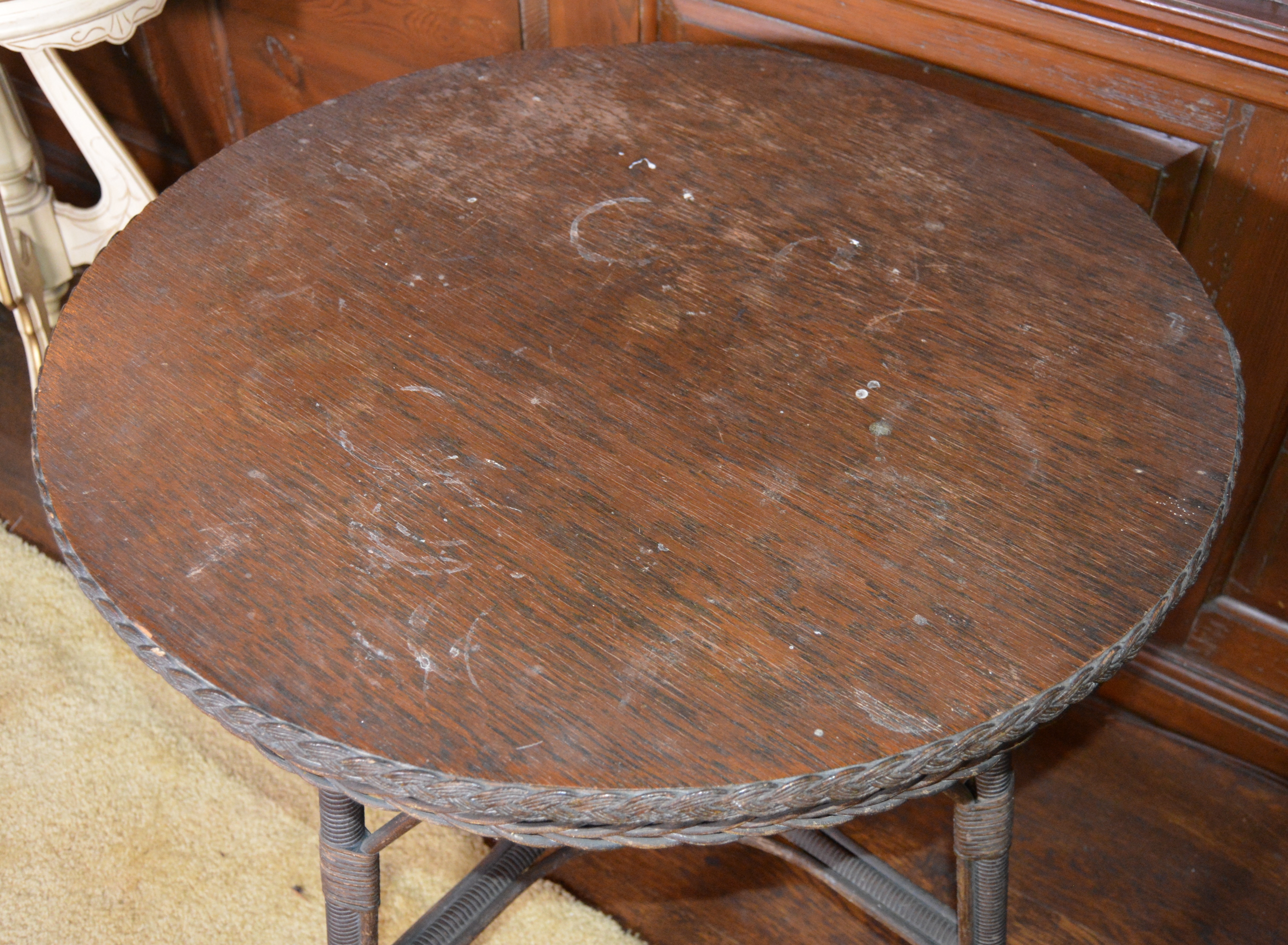 Wicker and Wood Round Side Table, Early 20th Century