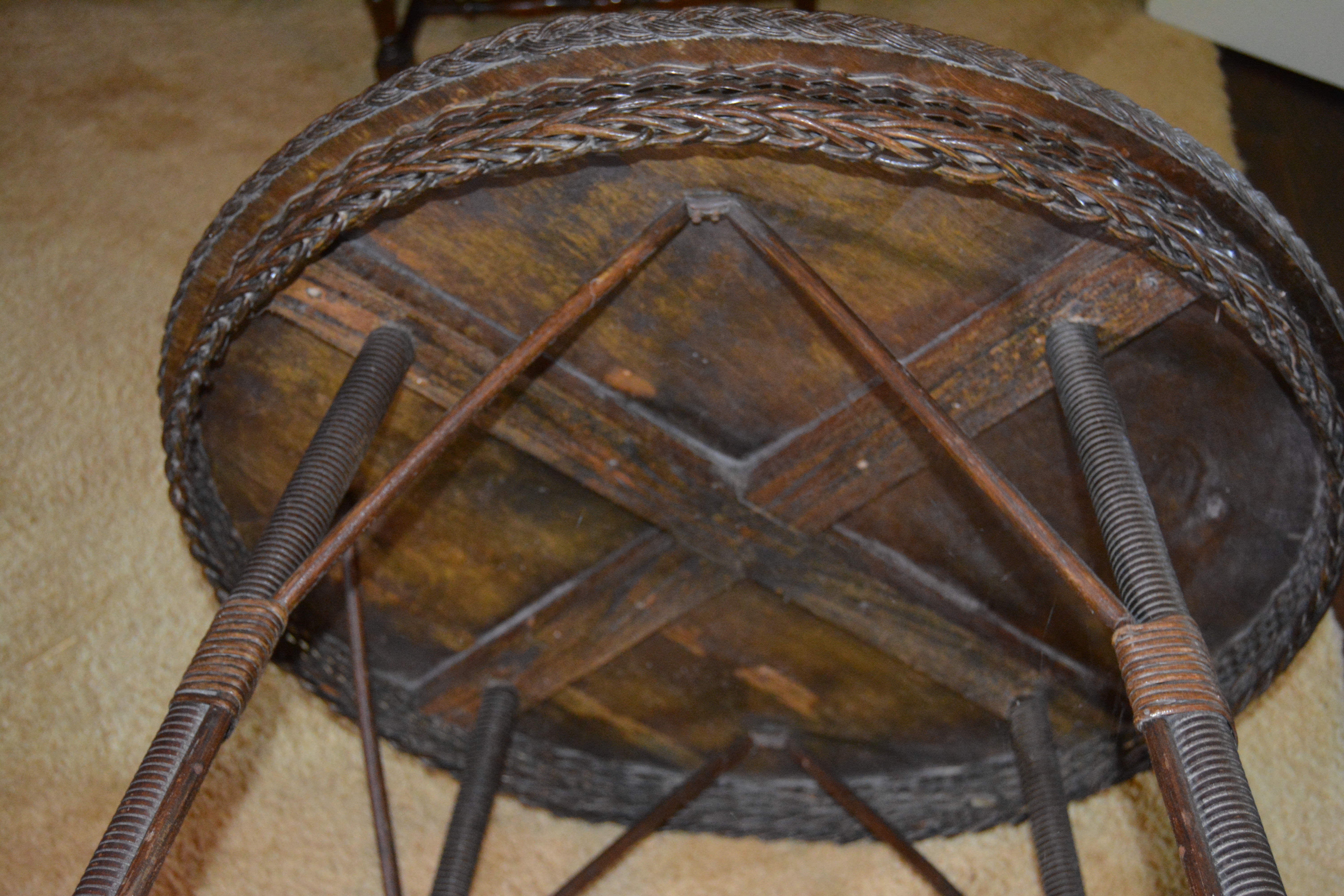 Wicker and Wood Round Side Table, Early 20th Century