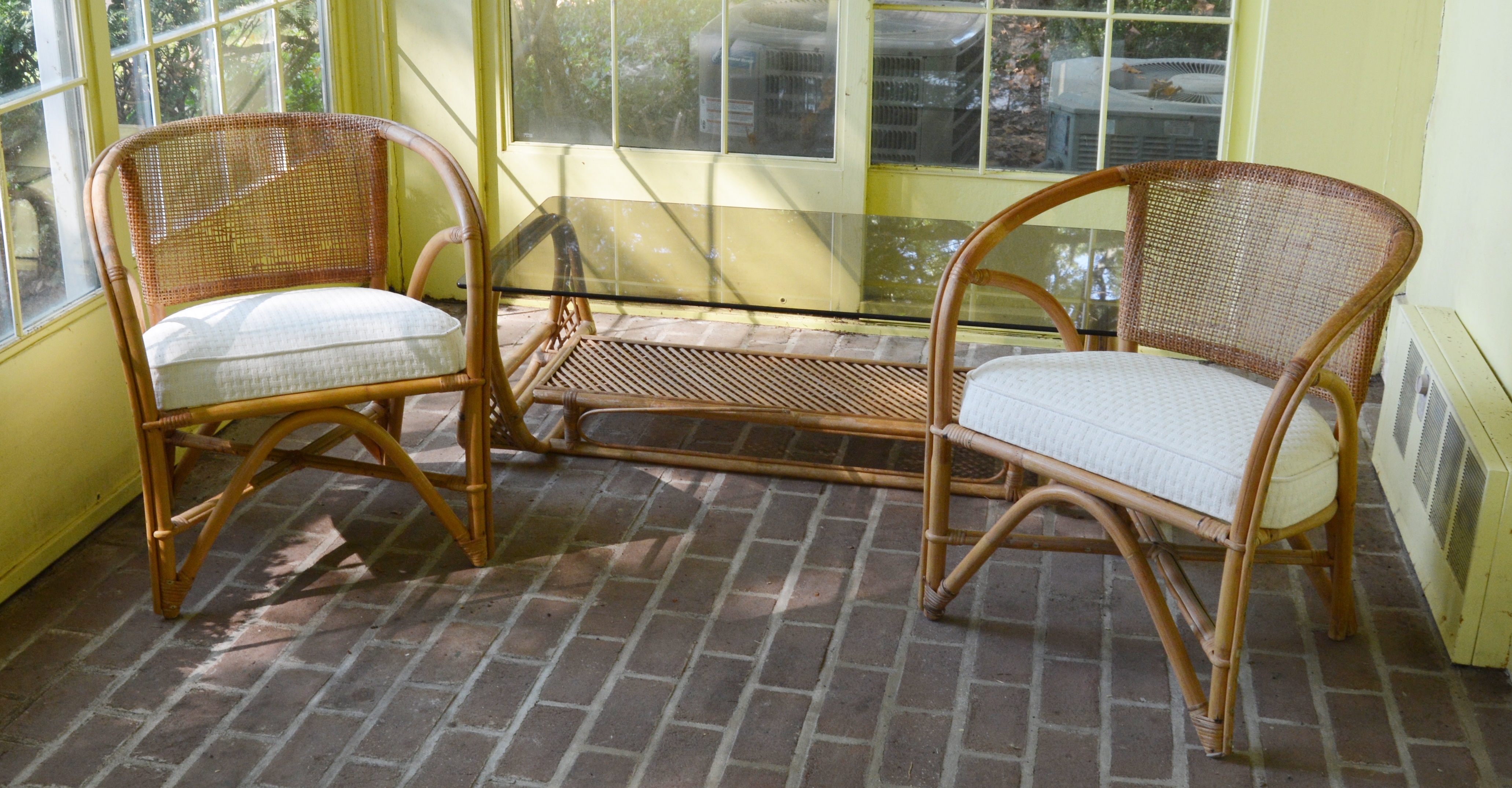 Deco Revival Armchairs and Smoky Glass Top Coffee Table, 20th Century