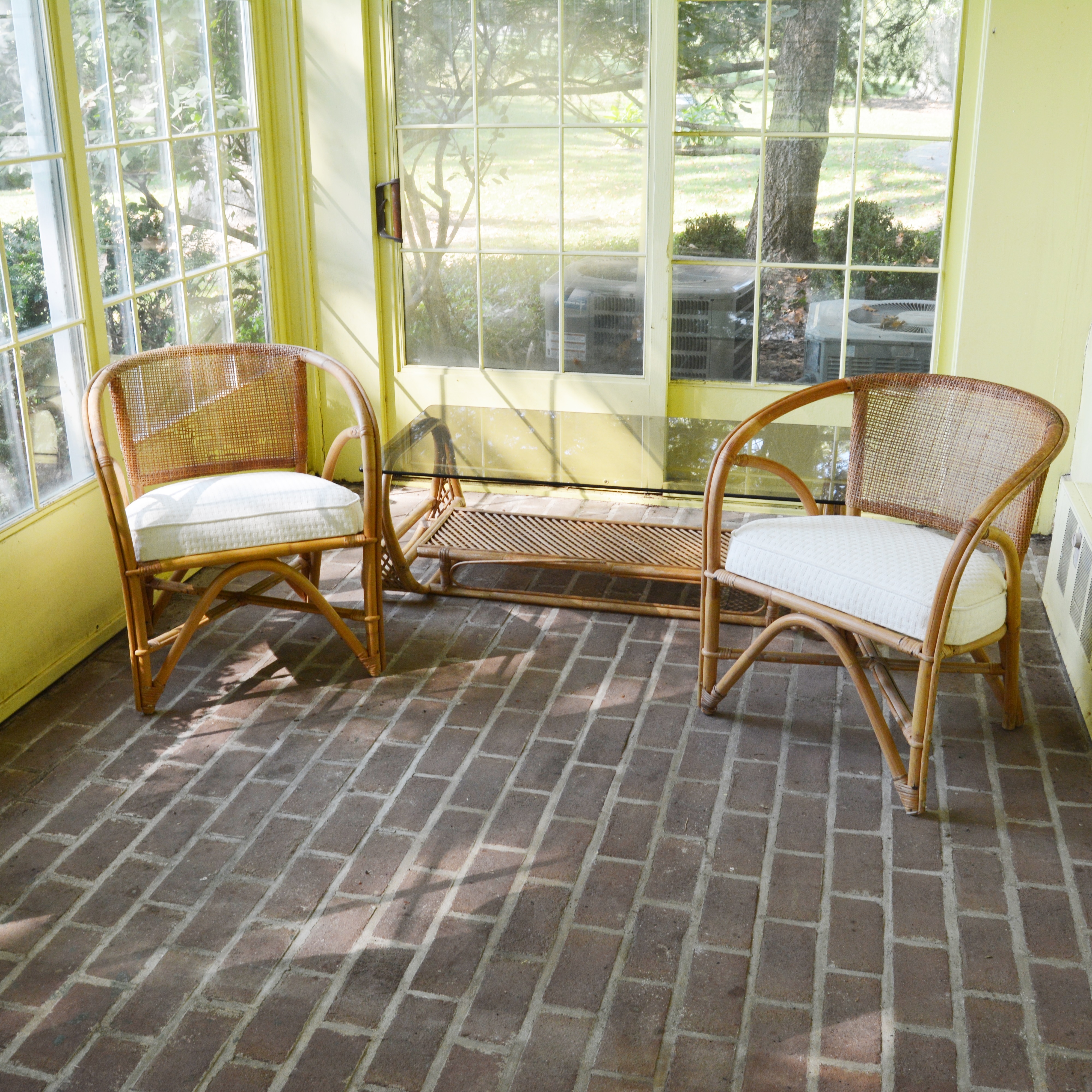 Deco Revival Armchairs and Smoky Glass Top Coffee Table, 20th Century