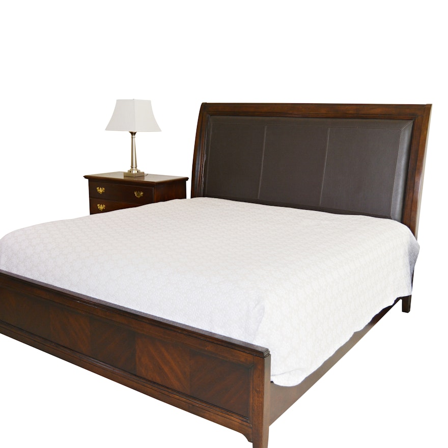 Contemporary "Cosmopolitan" King Leather Panel Sleigh Bed by Bassett