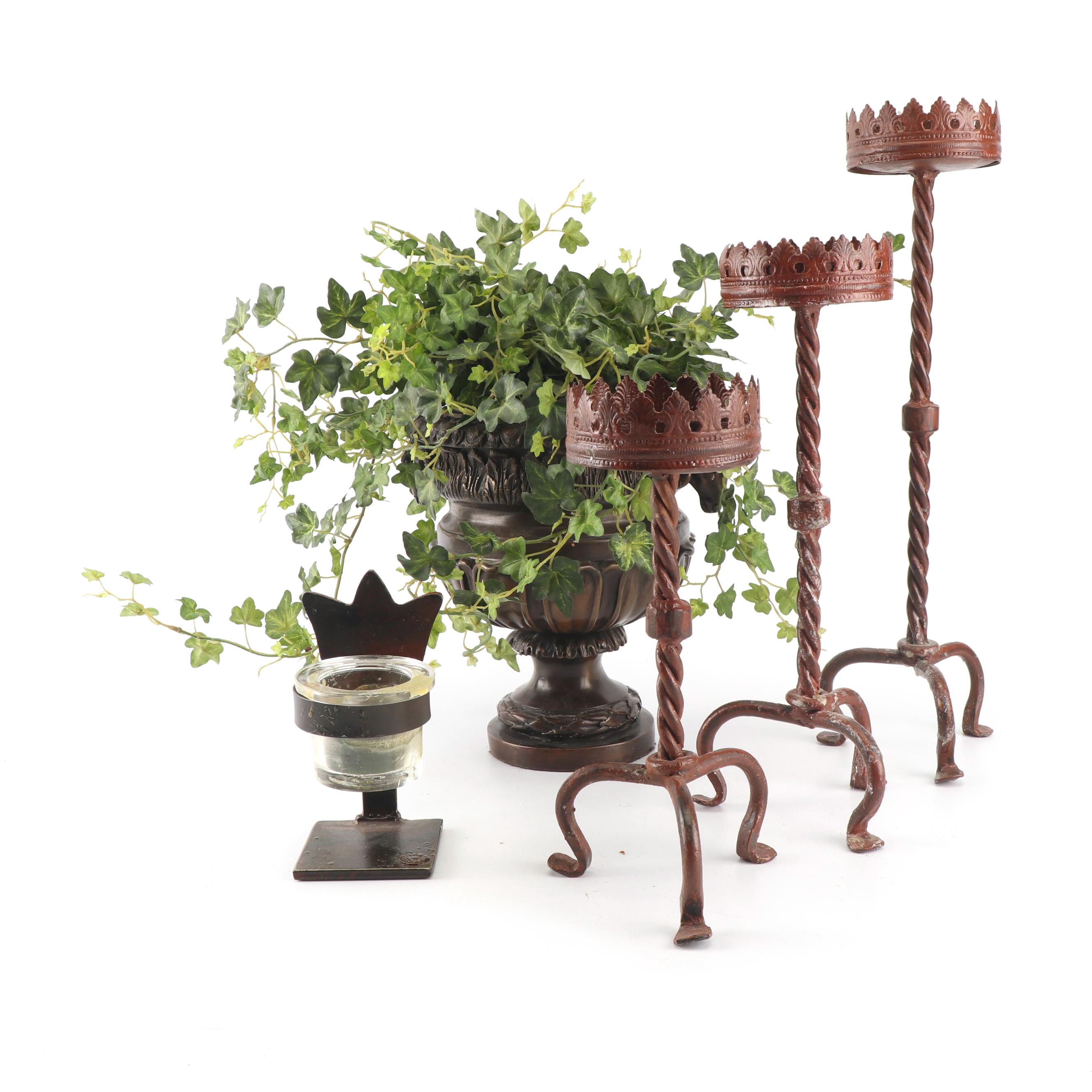 Jan Barboglio Candleholder with Bronze Ram's Head Planter and Candleholder Set