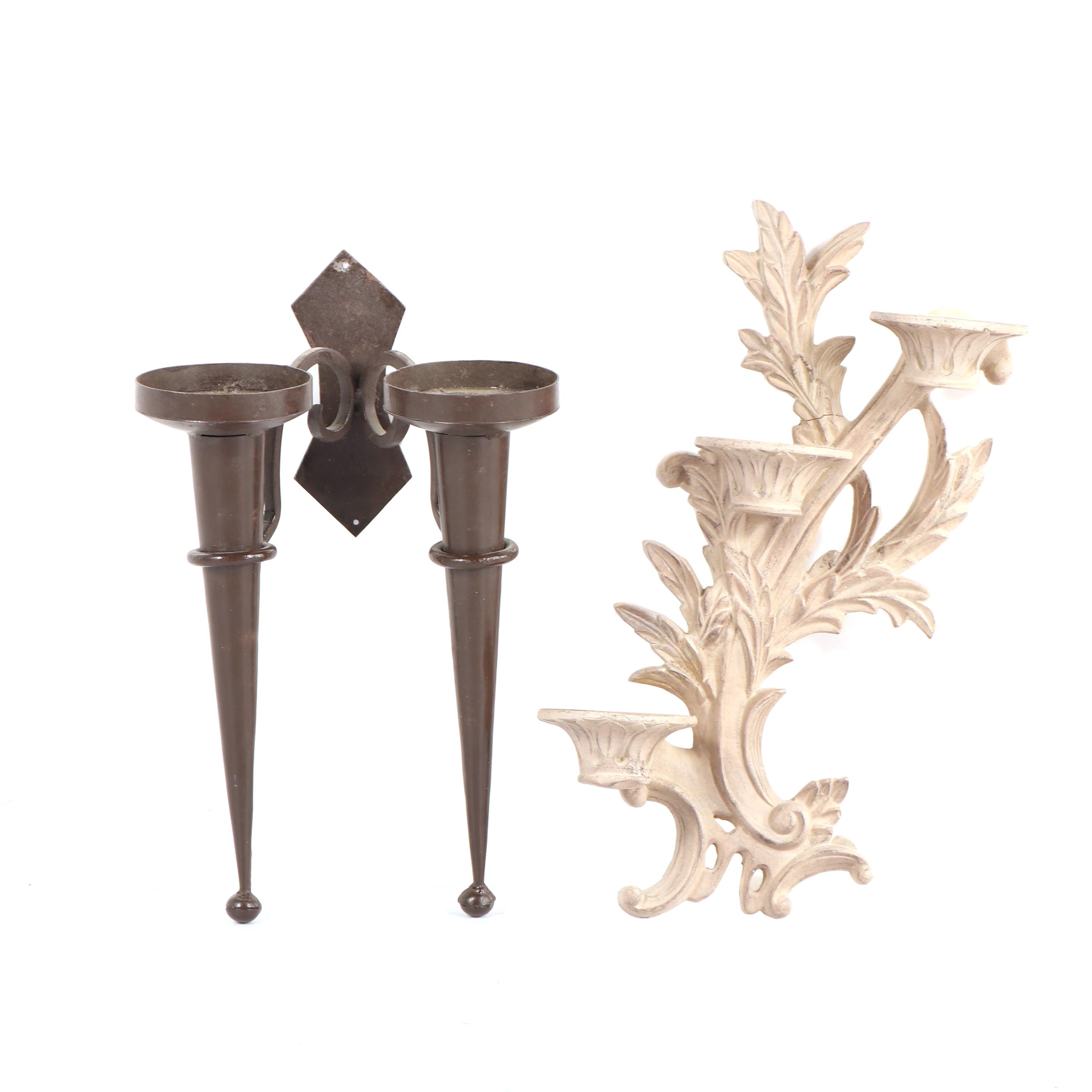 Metal Double Torch and Leaf Motif Resin Wall Sconces