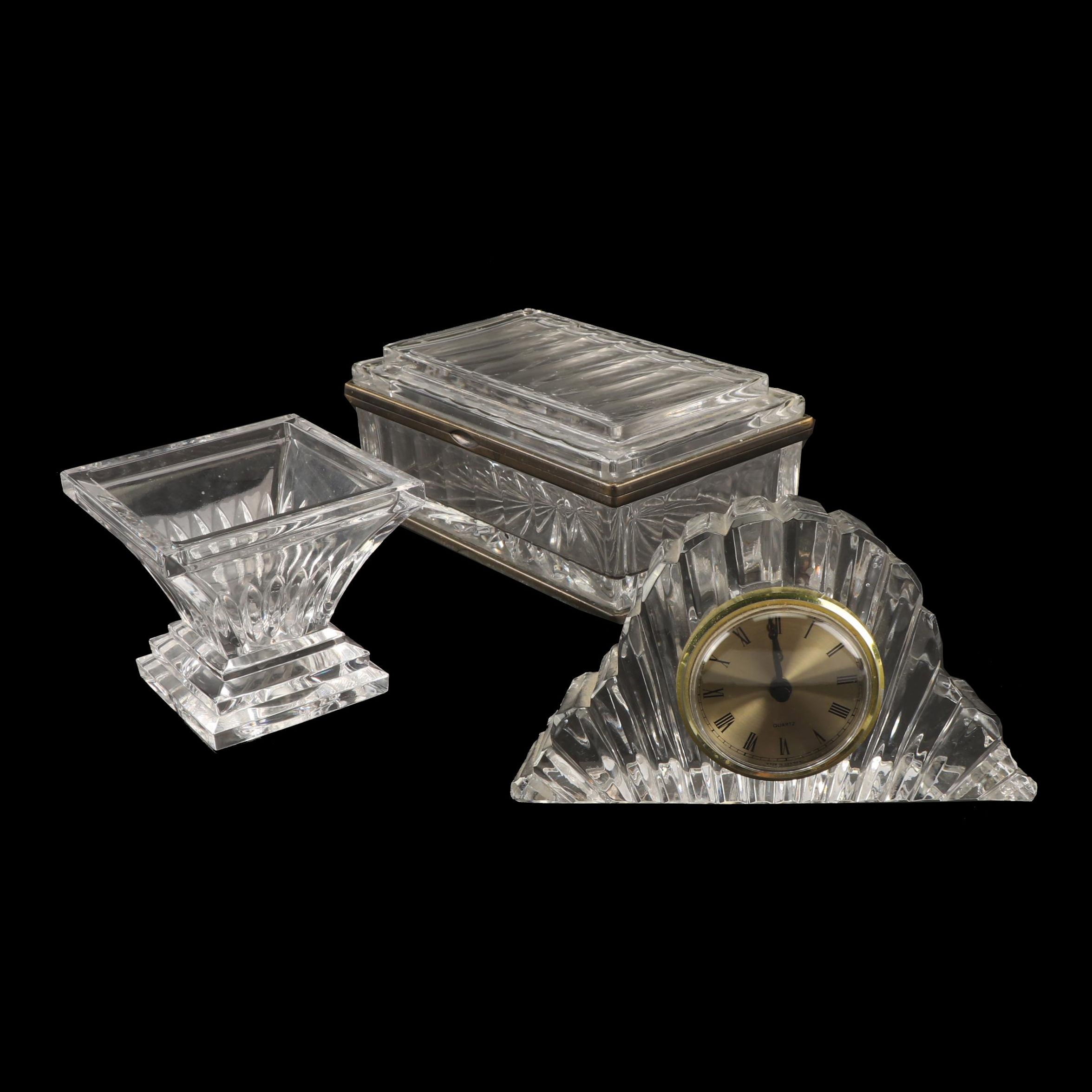 Decorative Crystal Box with Bud Vase and Mantel Clock