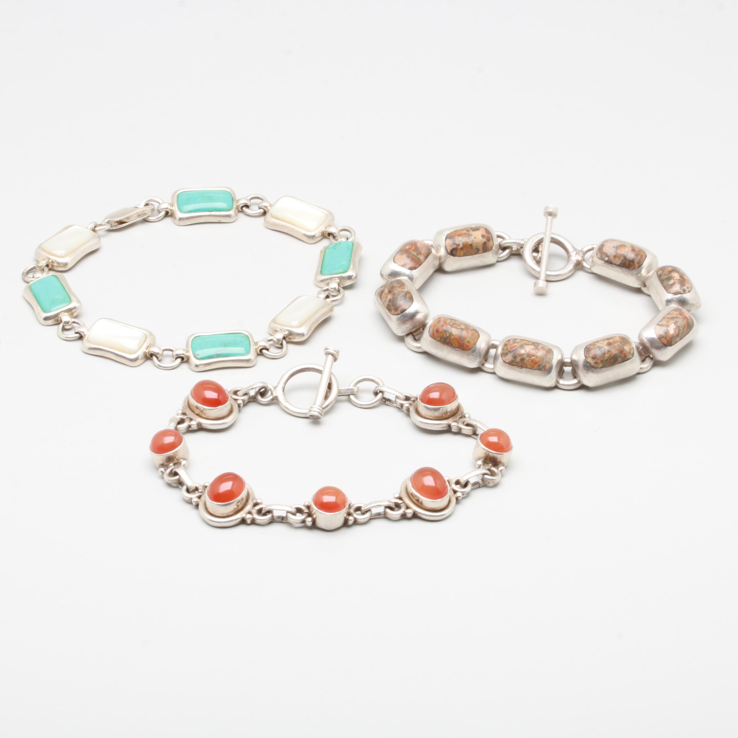 Sterling Silver Bracelets Including Turquoise and Mother of Pearl