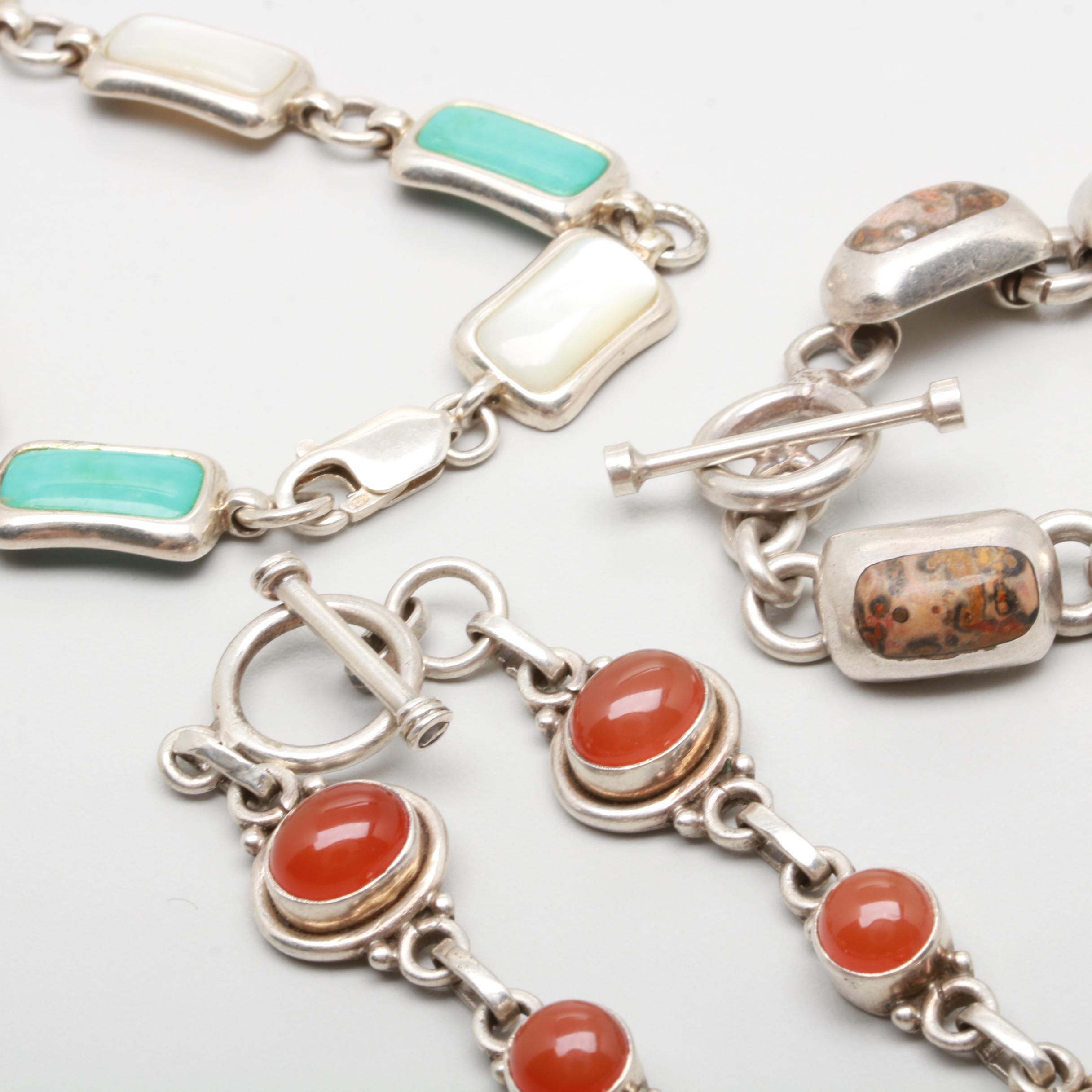 Sterling Silver Bracelets Including Turquoise and Mother of Pearl