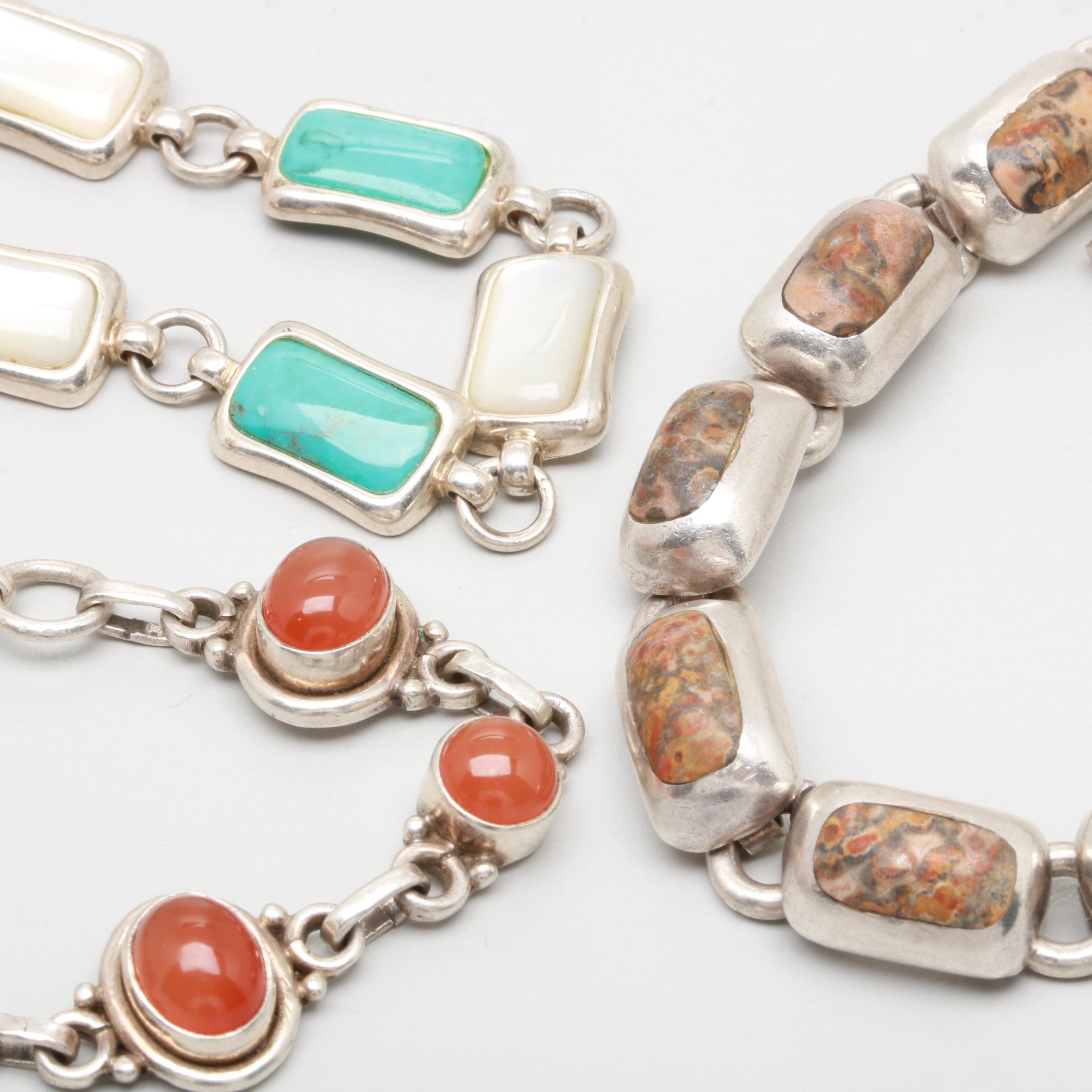 Sterling Silver Bracelets Including Turquoise and Mother of Pearl