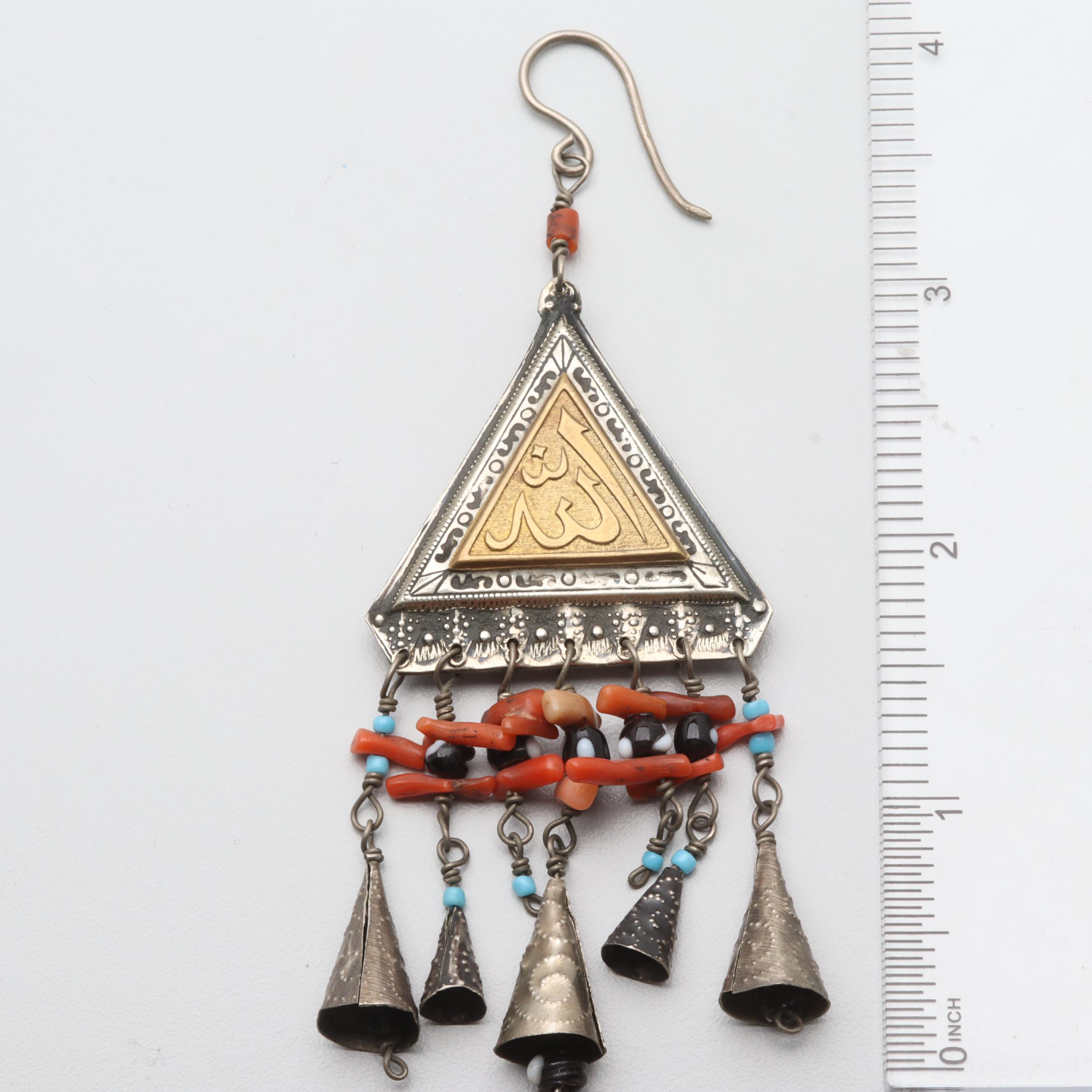 Costume Coral and Glass Cone Dangle Earrings