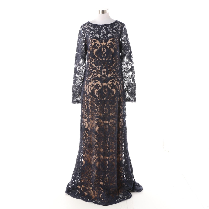 Tadashi Shoji Navy Lace Overlay Long Sleeve Gown