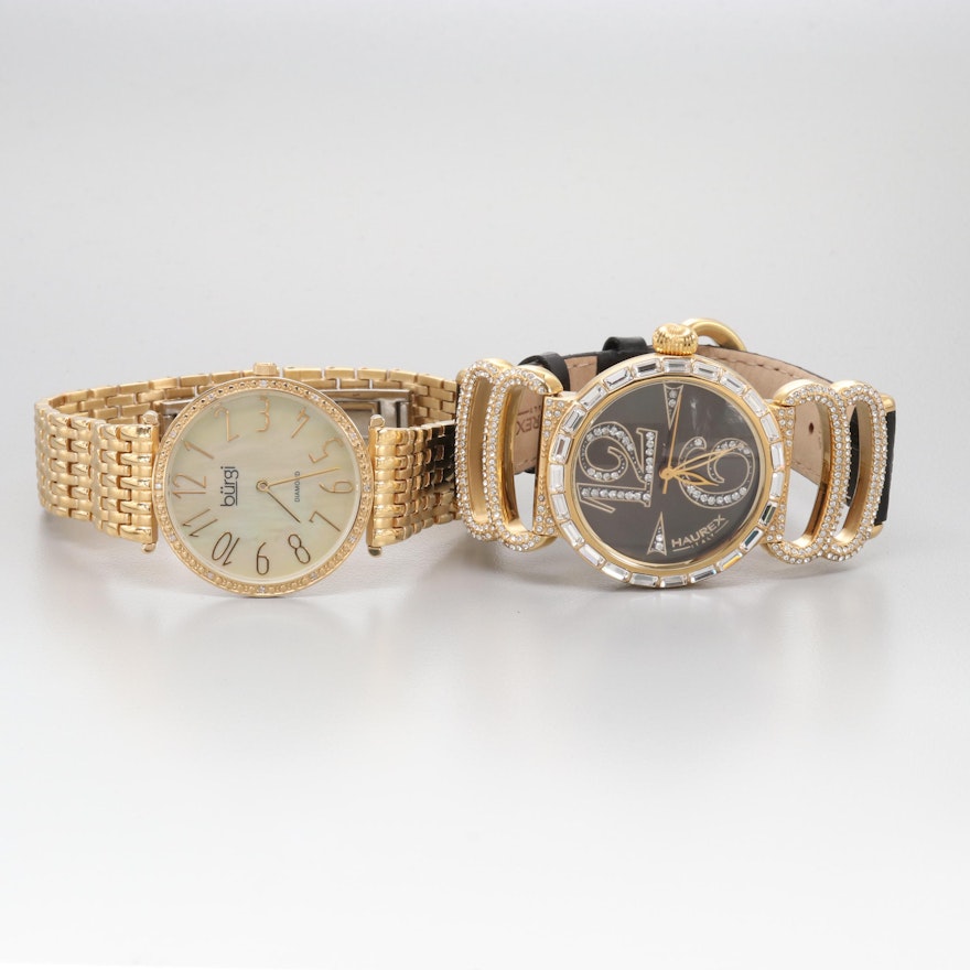 Haurex Gold Tone Wristwatch With Bürgi Mother of Pearl and Diamond Wristwatch