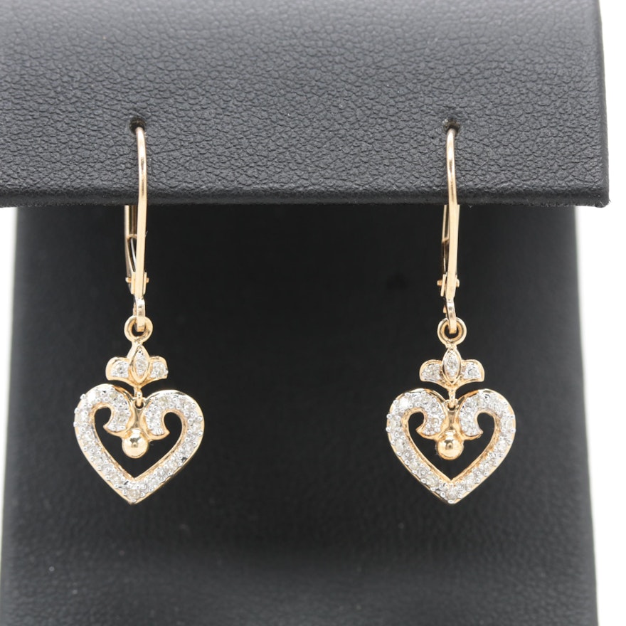 14K Yellow Gold Diamond Heart Dangle Earrings