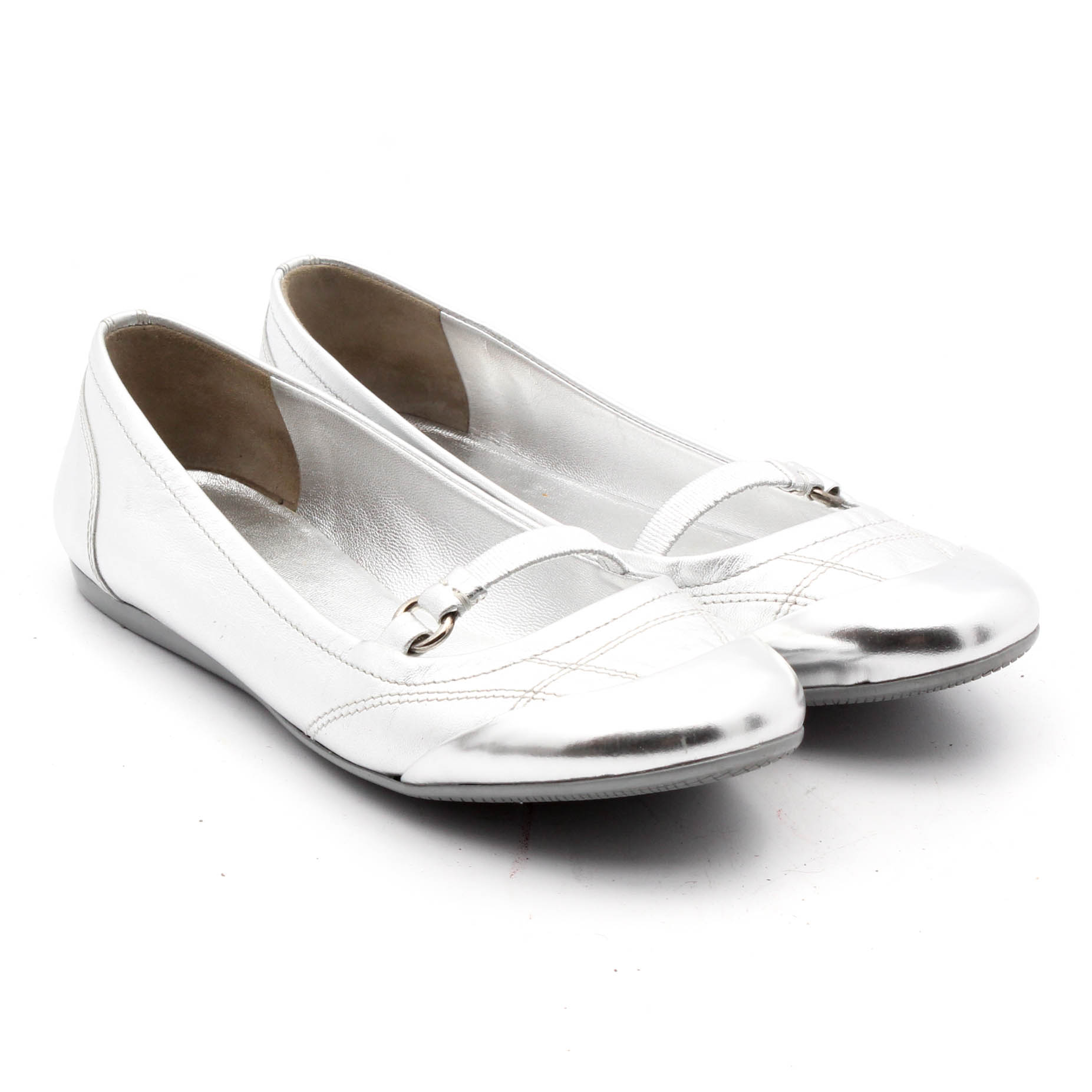 Prada Silver Metallic Leather Flats