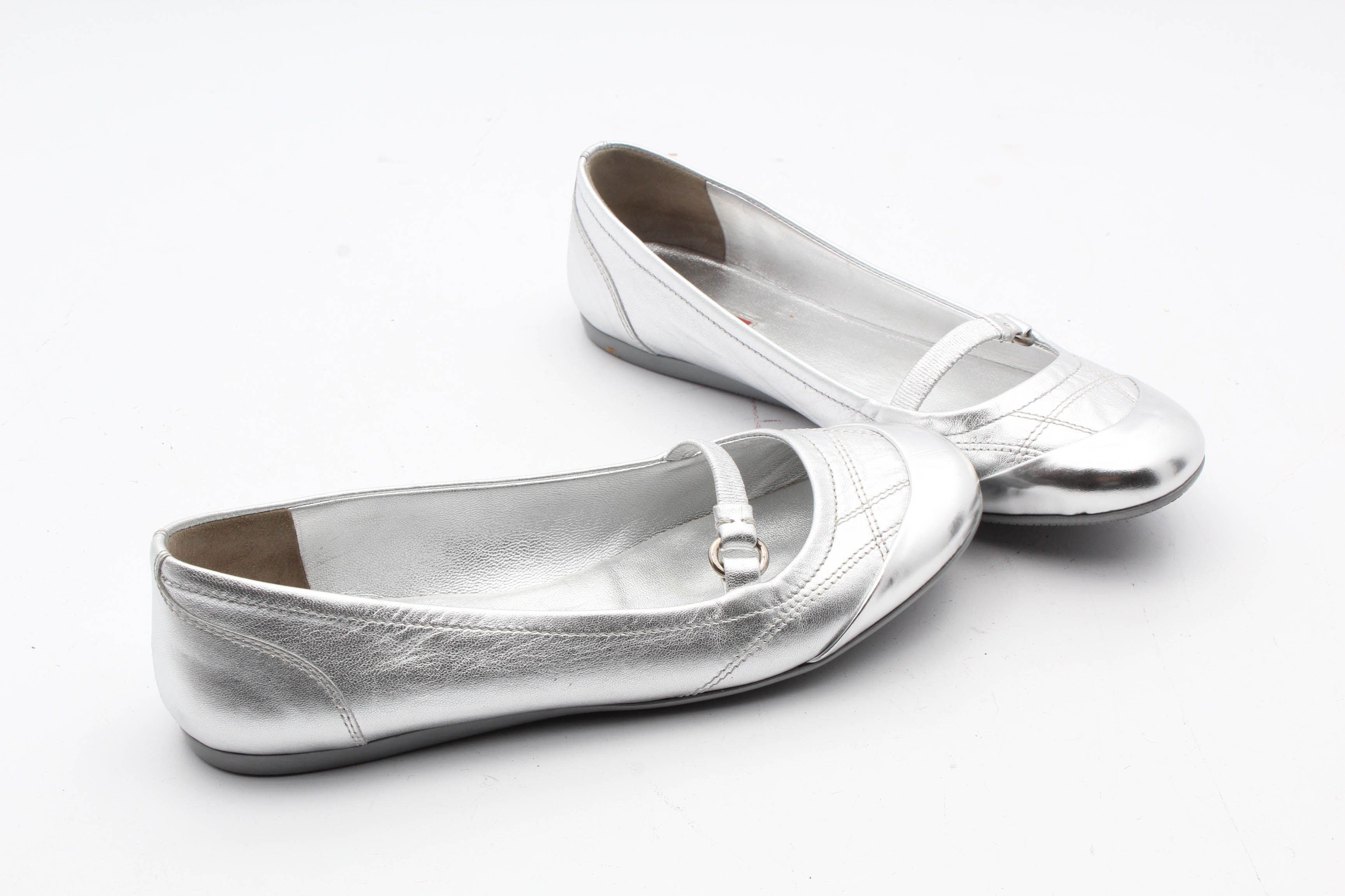 Prada Silver Metallic Leather Flats