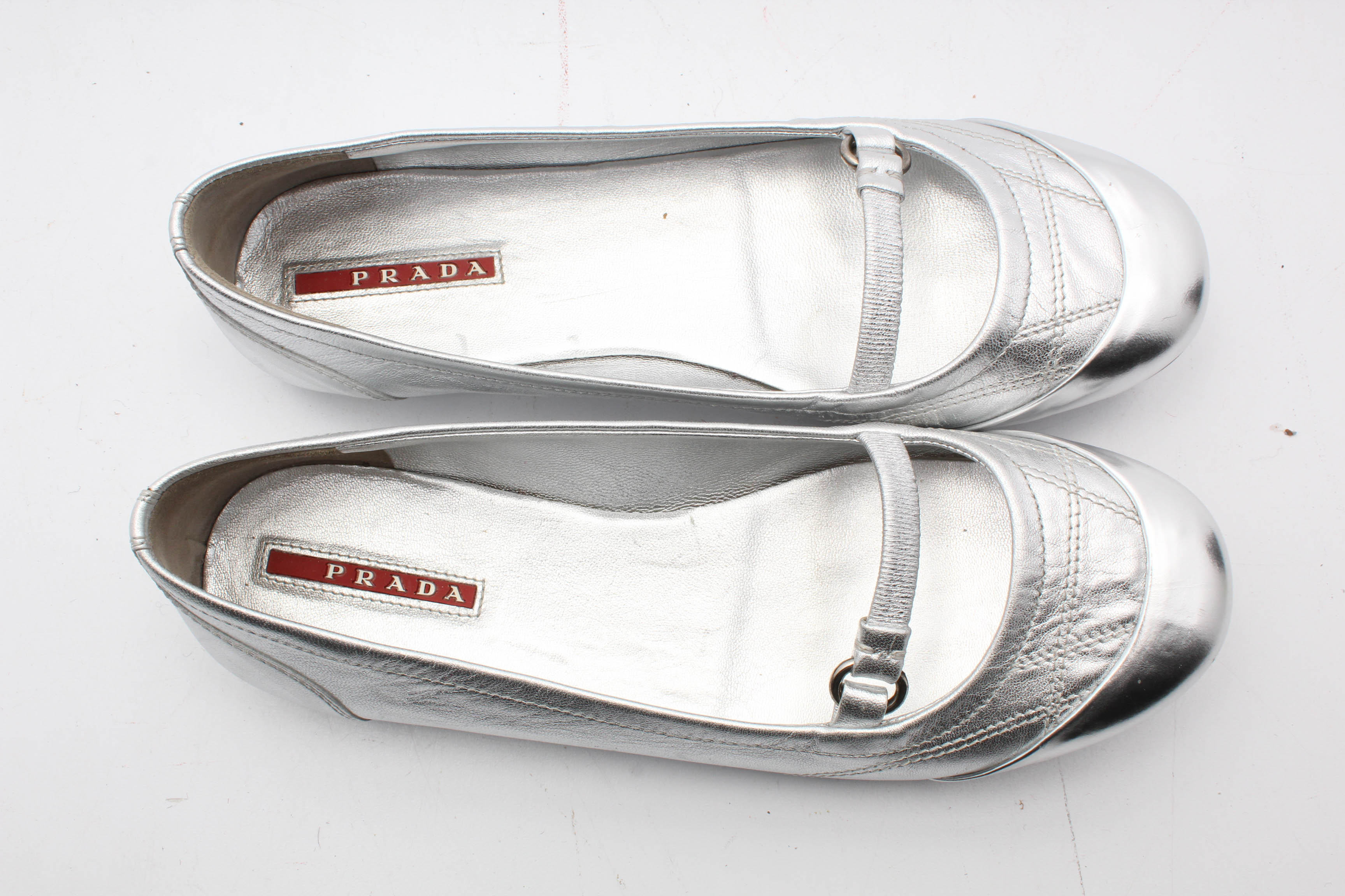 Prada Silver Metallic Leather Flats