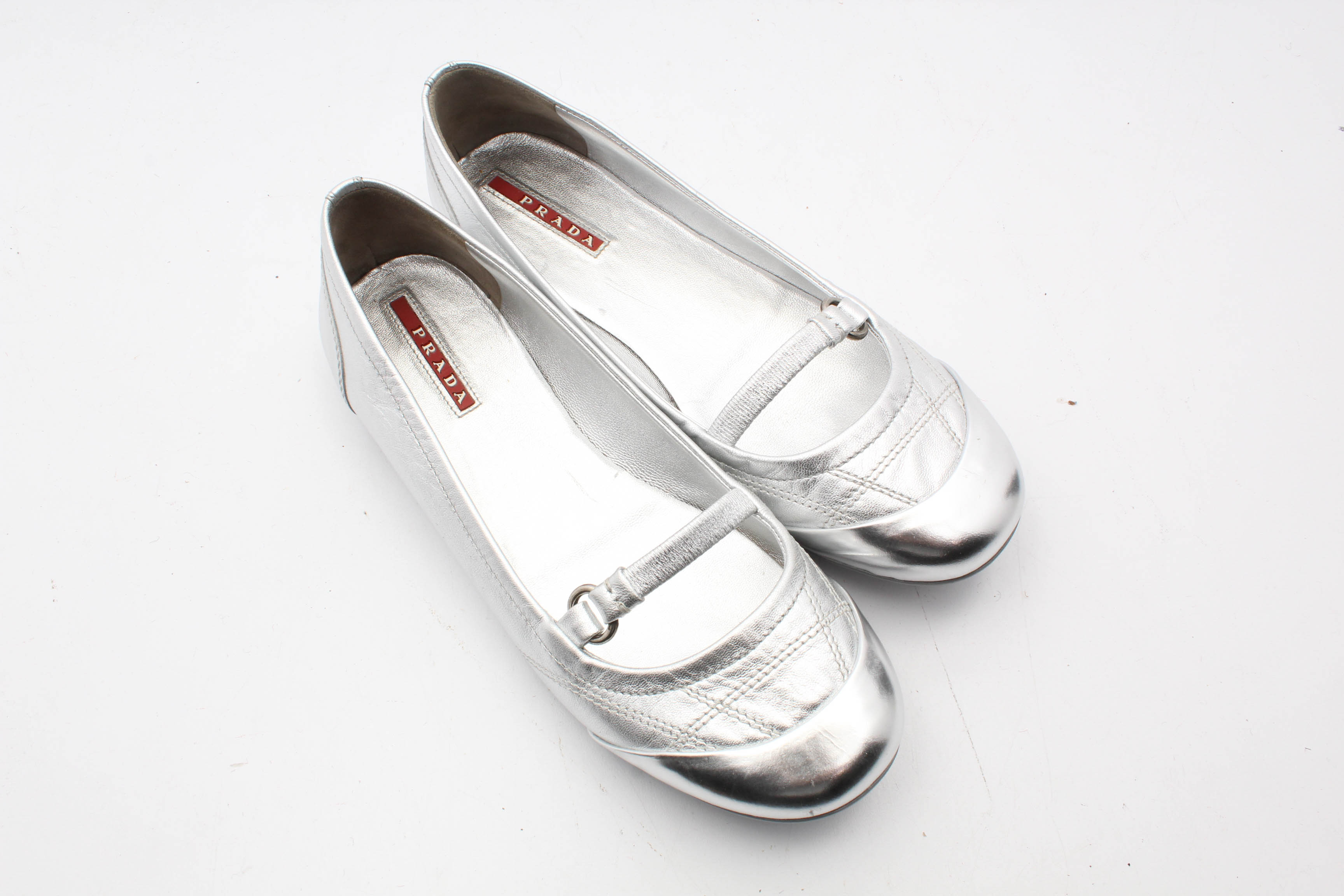 Prada Silver Metallic Leather Flats