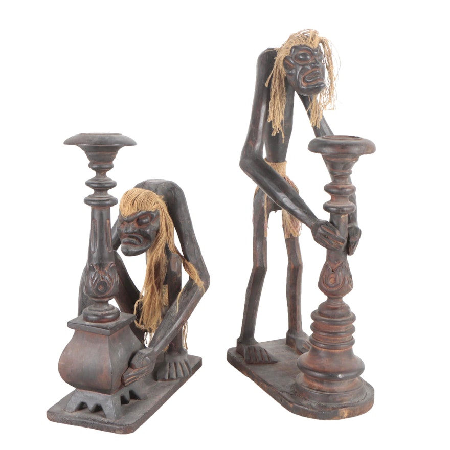 Carved Wooden Polynesian Style Candlesticks