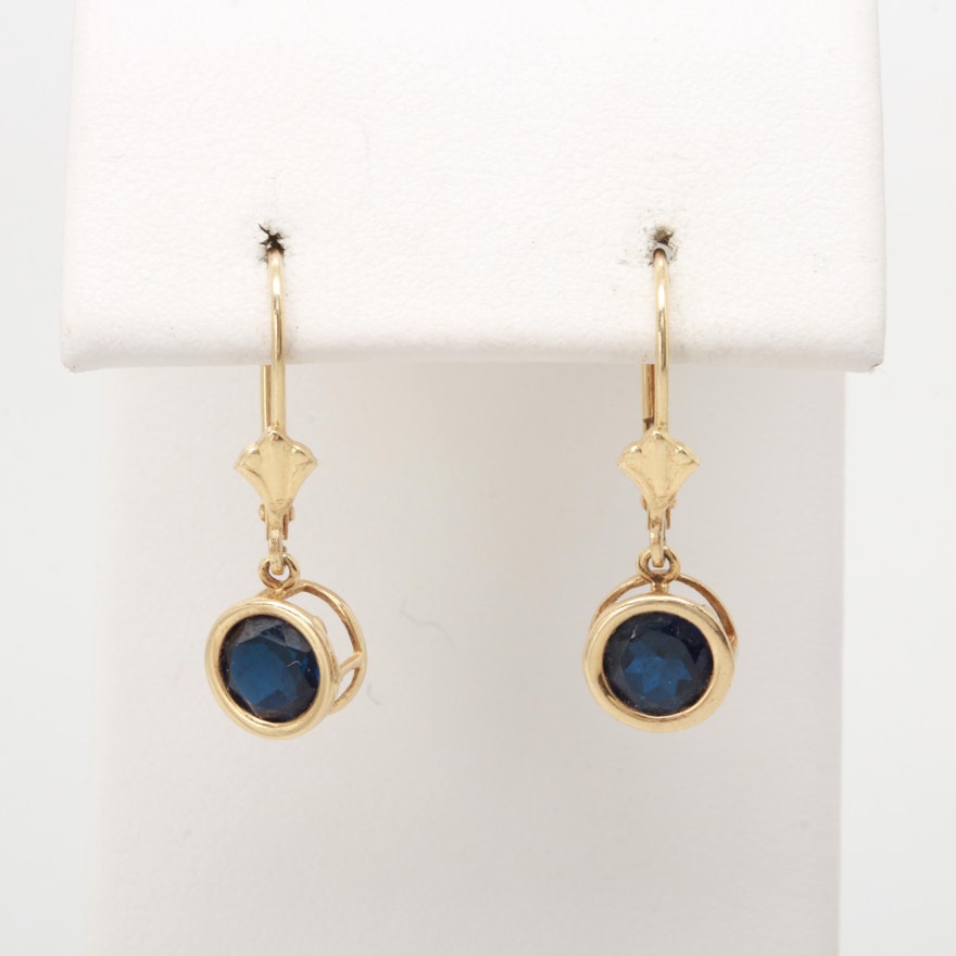14K Yellow Gold Blue Sapphire Dangle Earrings