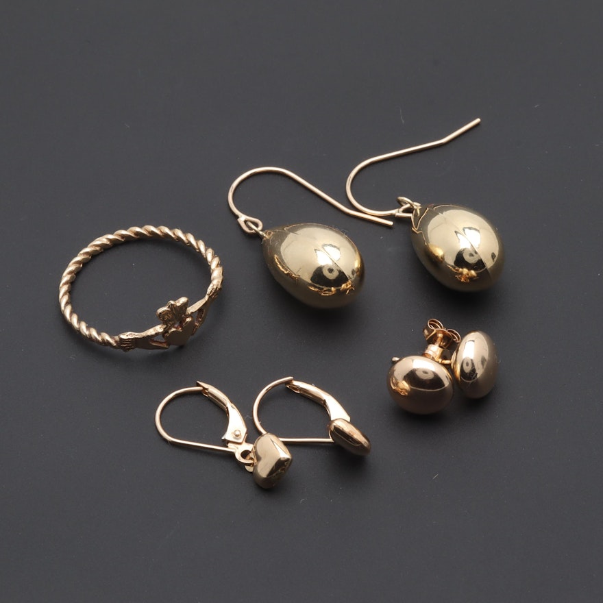 9K and 10K Yellow Gold Ring and Earrings