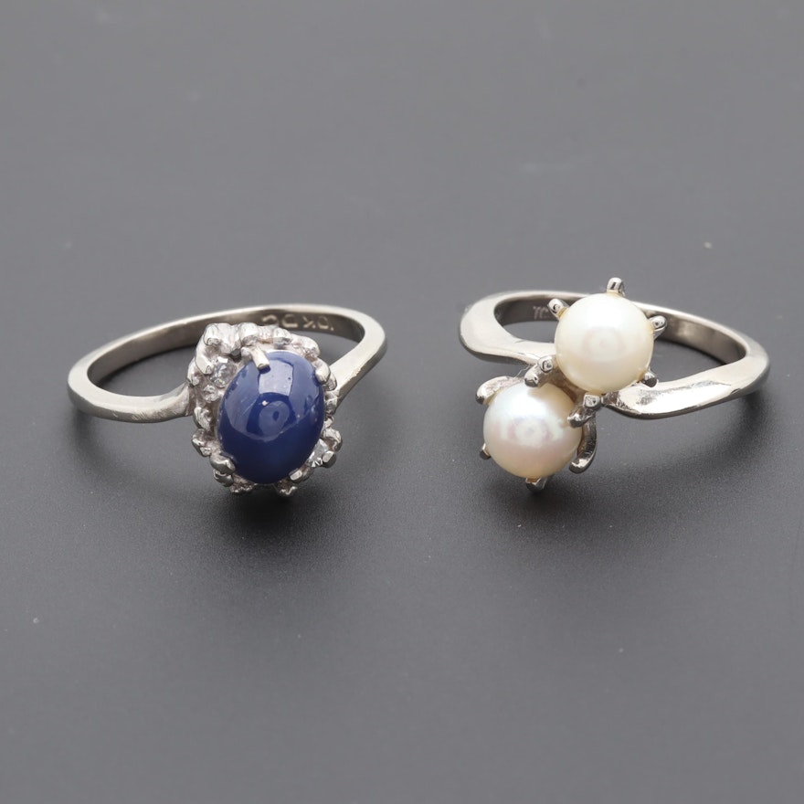 10K White Gold Sapphire and Cultured Pearl Rings Including Diamonds