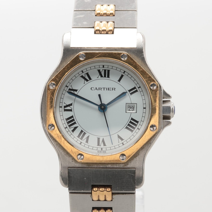 Vintage Cartier Santos Two-Tone Blue Sapphire Automatic Wristwatch