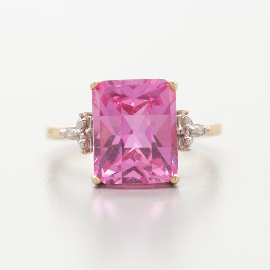 10K Yellow Gold Synthetic Pink Sapphire and Diamond Ring