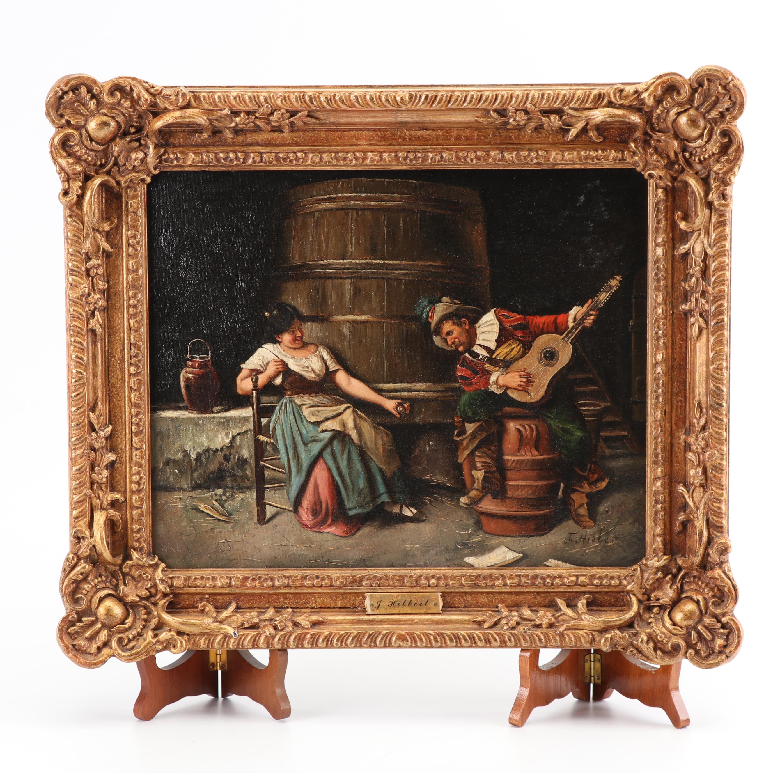 J. Hibbert Oil Painting of Couple in Wine Cellar