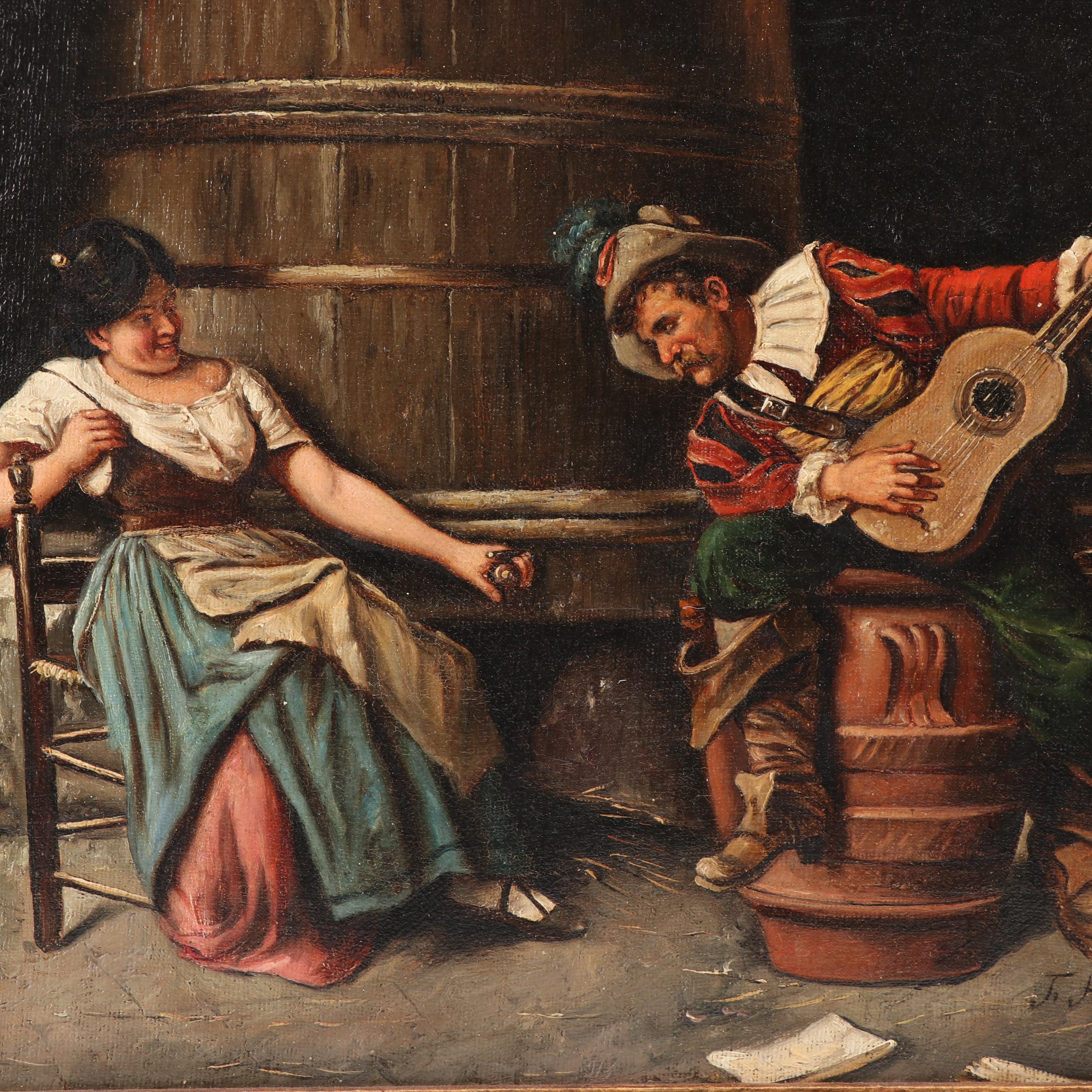 J. Hibbert Oil Painting of Couple in Wine Cellar