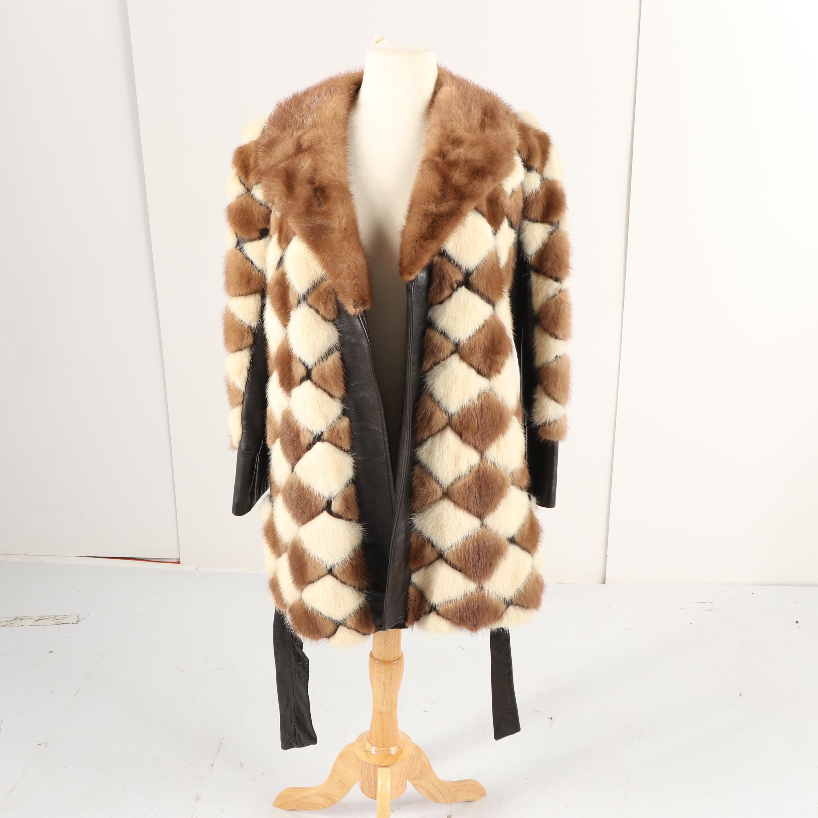 Vintage Diamond Pattern Pastel and Platinum Mink Fur and Leather Coat