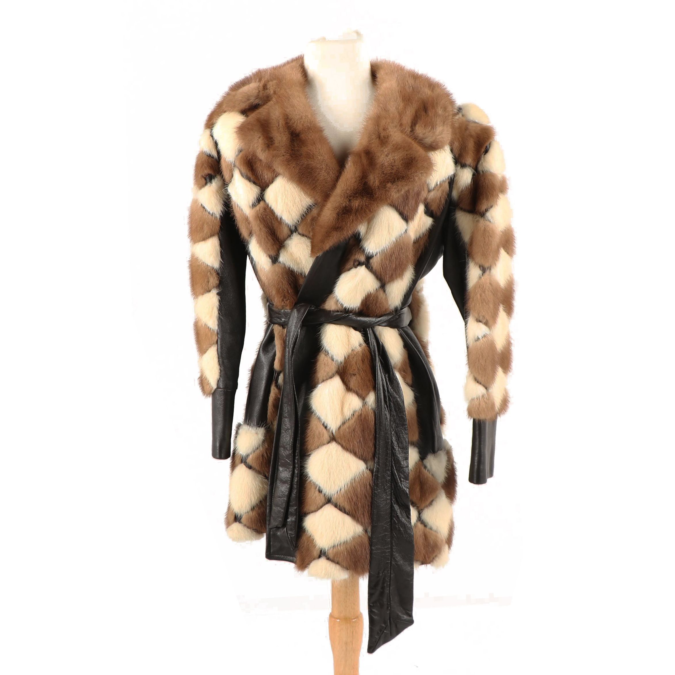 Vintage Diamond Pattern Pastel and Platinum Mink Fur and Leather Coat