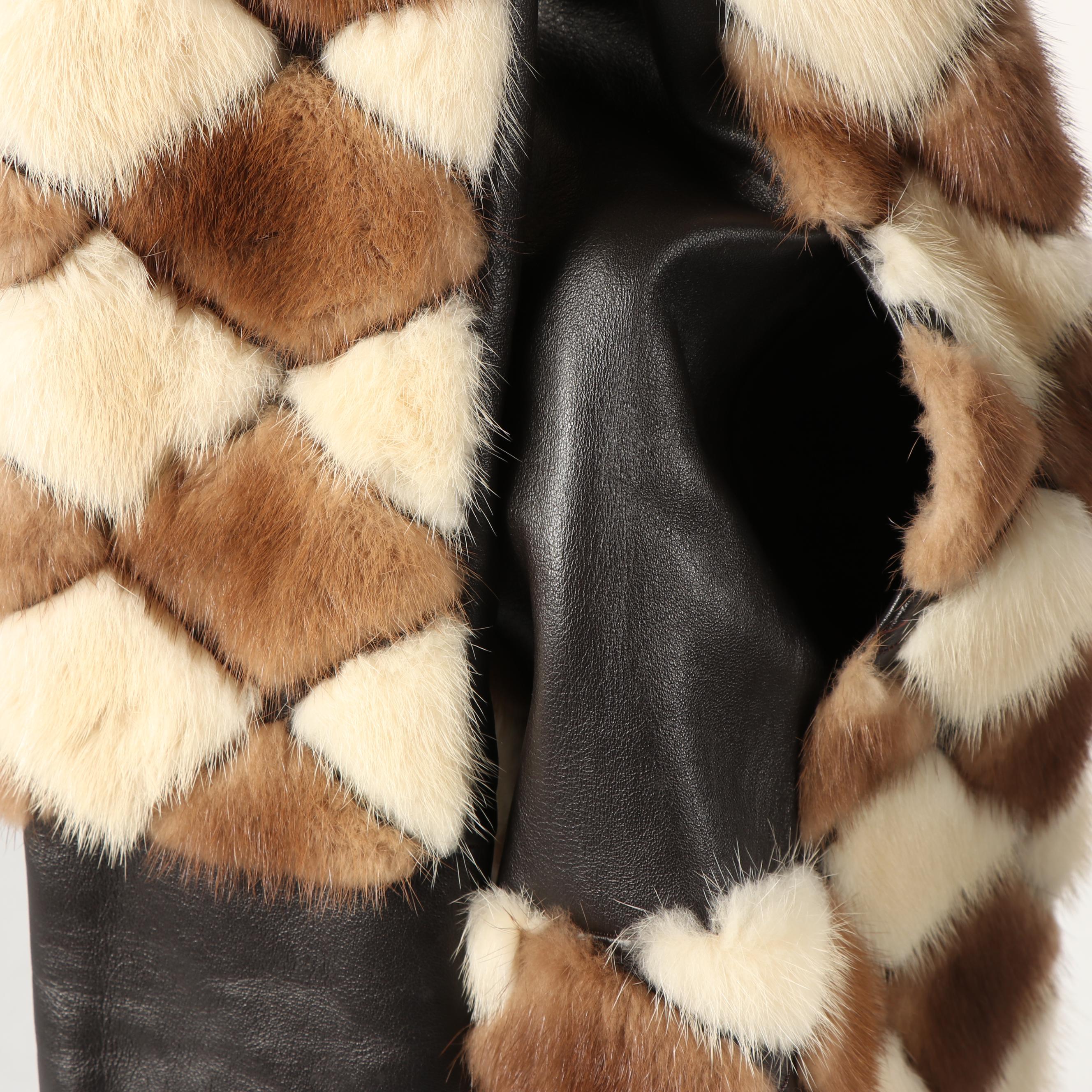 Vintage Diamond Pattern Pastel and Platinum Mink Fur and Leather Coat