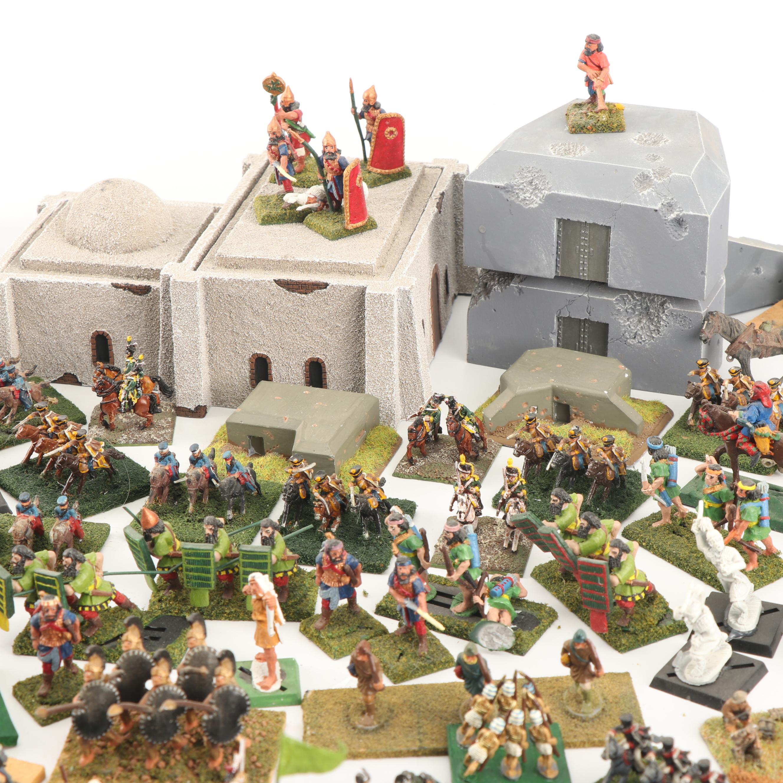 Miniature Painted Soldiers with Turf and Buildings