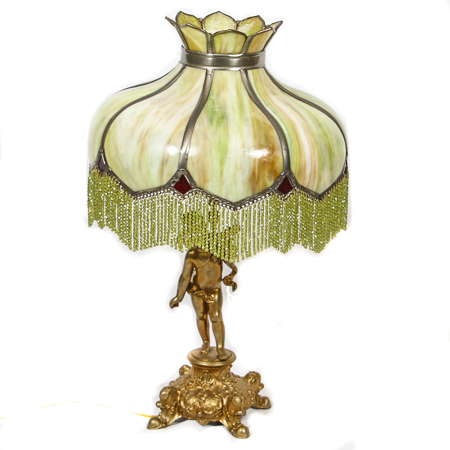 Gold Finish Figural Putti Lamp with Green Slag Glass Paneled Shade with Fringe