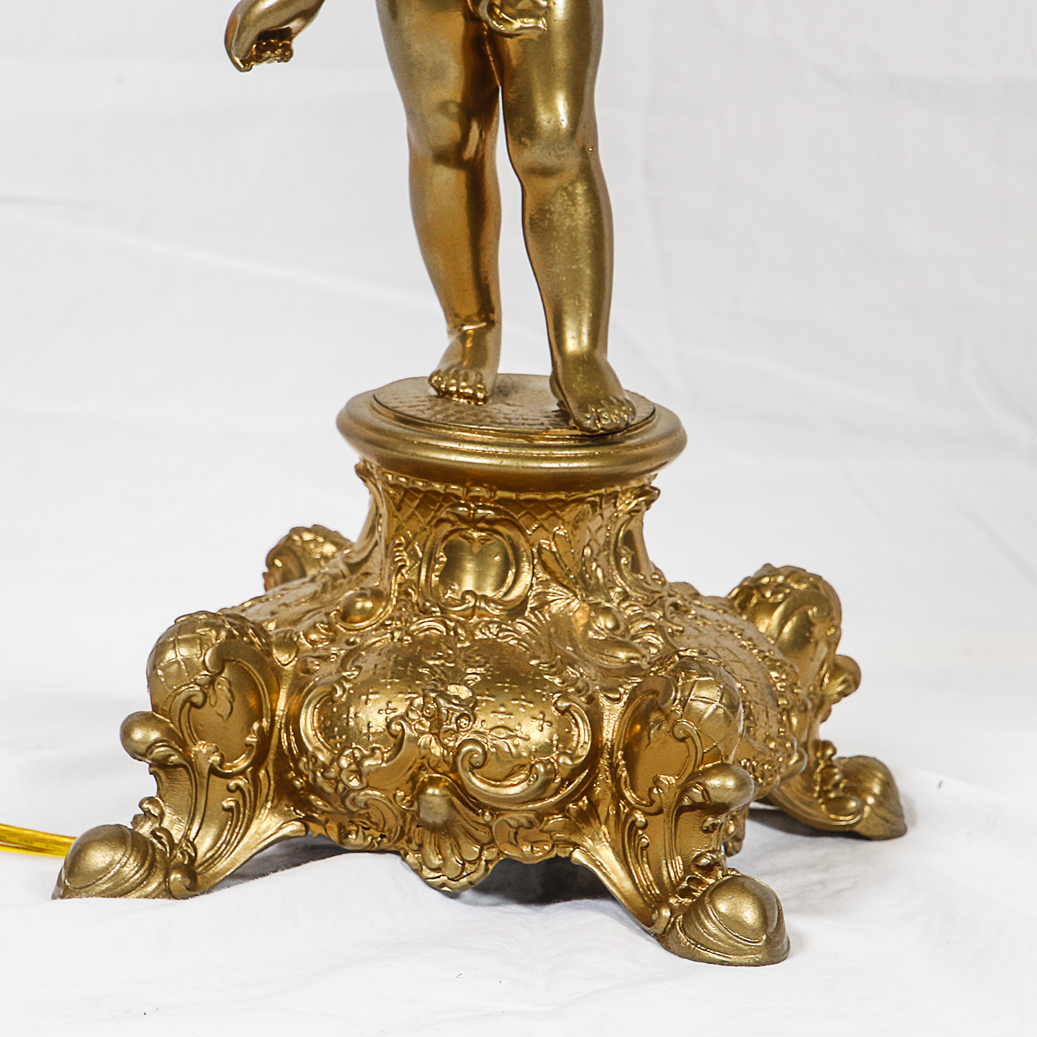 Gold Finish Figural Putti Lamp with Green Slag Glass Paneled Shade with Fringe