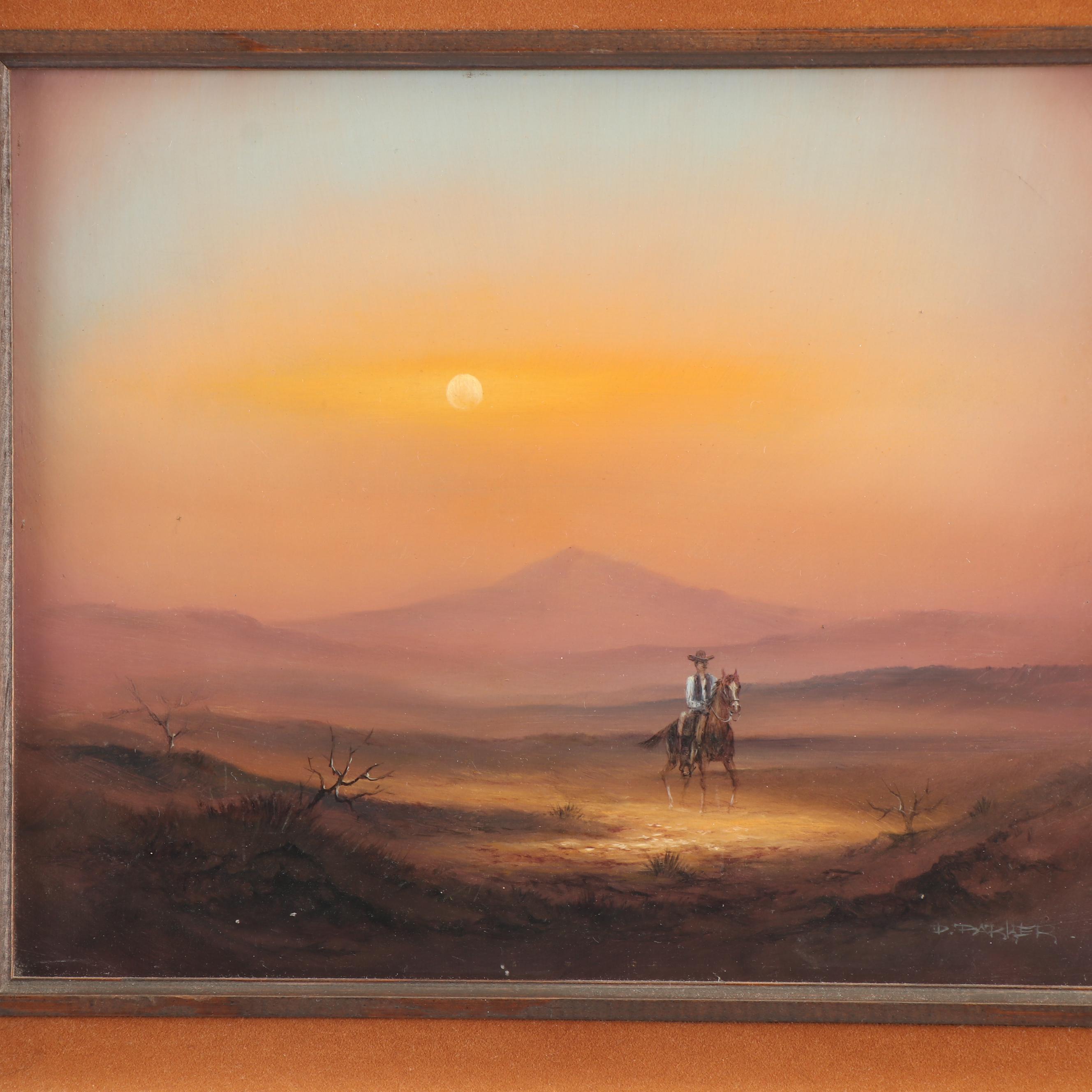 D.R. Parker Western Landscape with Rider Oil Painting