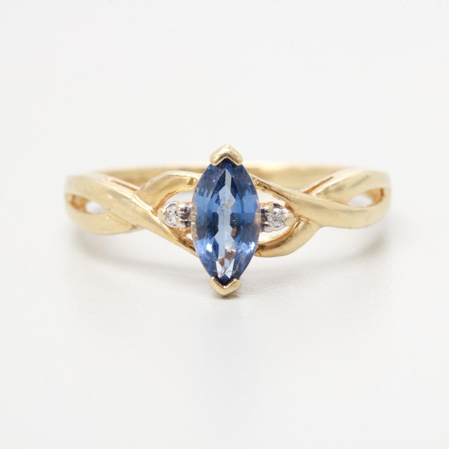 10K Yellow Gold Synthetic Blue Sapphire and Diamond Ring