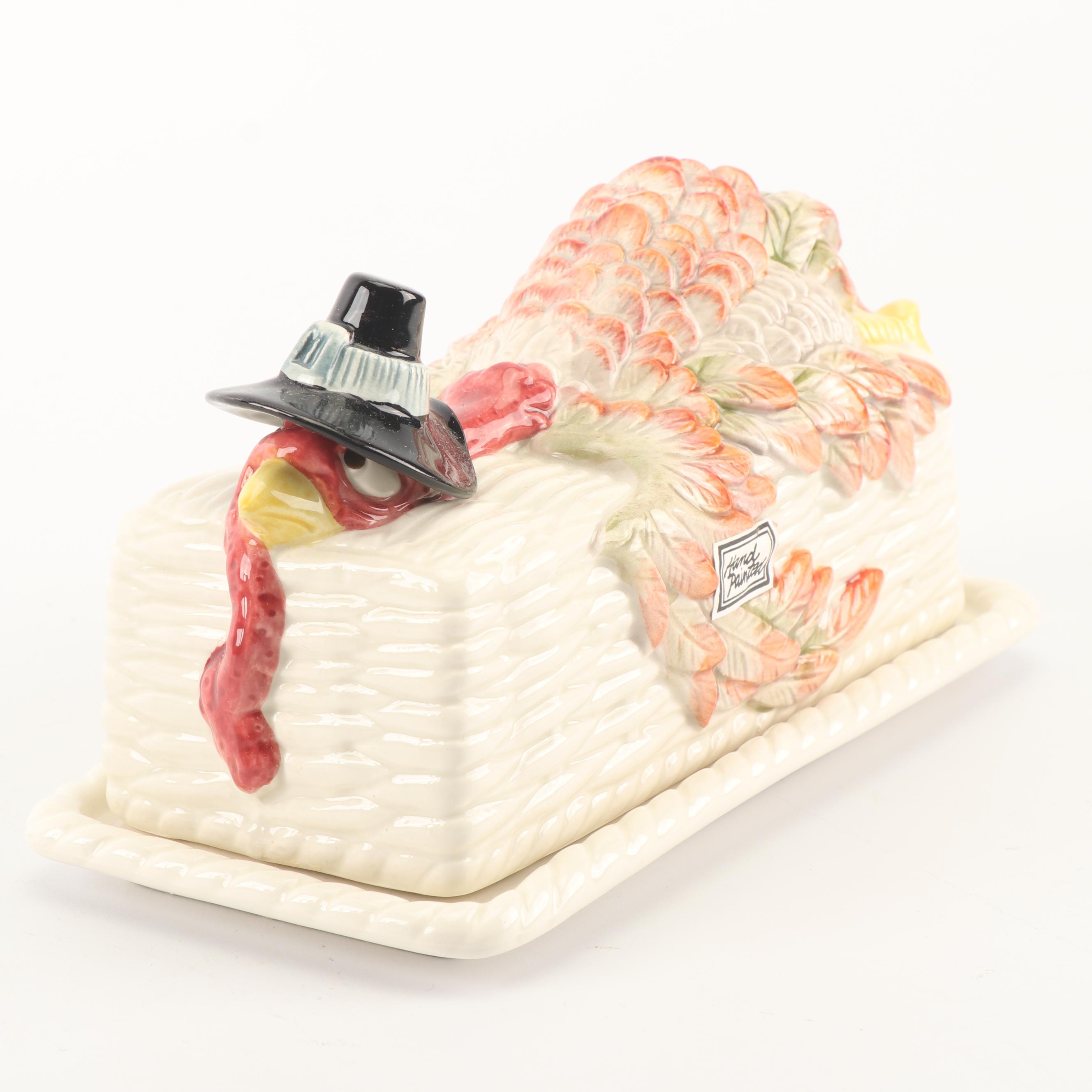 Fitz & Floyd "Thanksgiving Banquet" Jugs, Butter Dish, And Salt Shakers