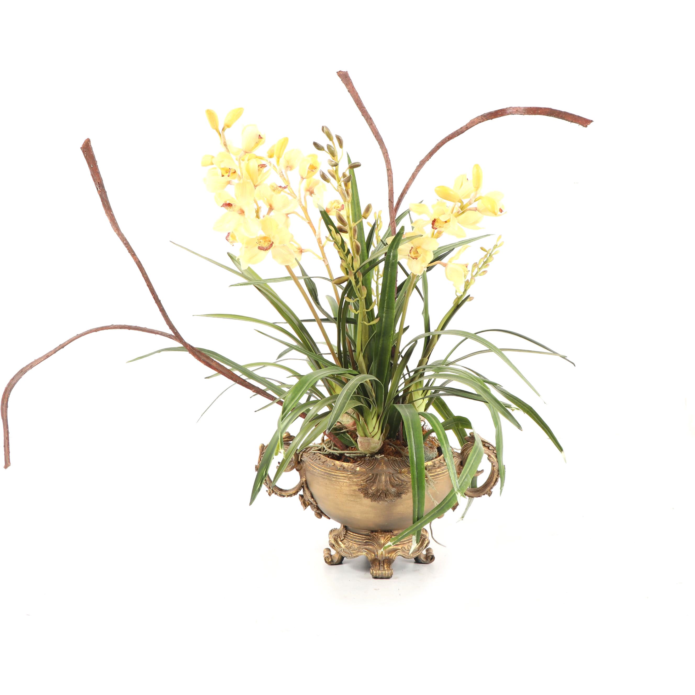 Contemporary Gold Painted Urn with Faux Orchid Floral Arrangement