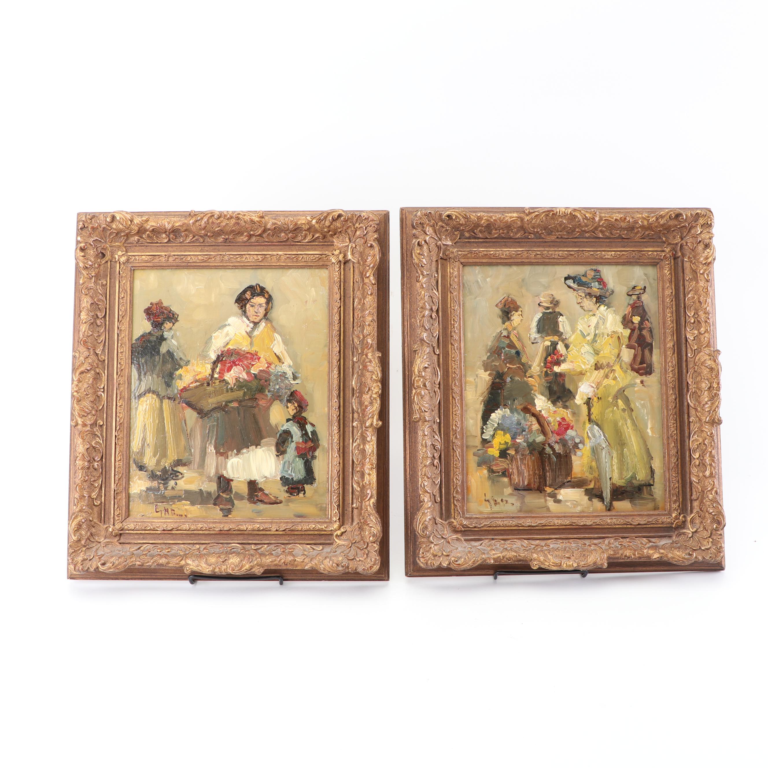 19th Century Oil Paintings of Flower Vendors