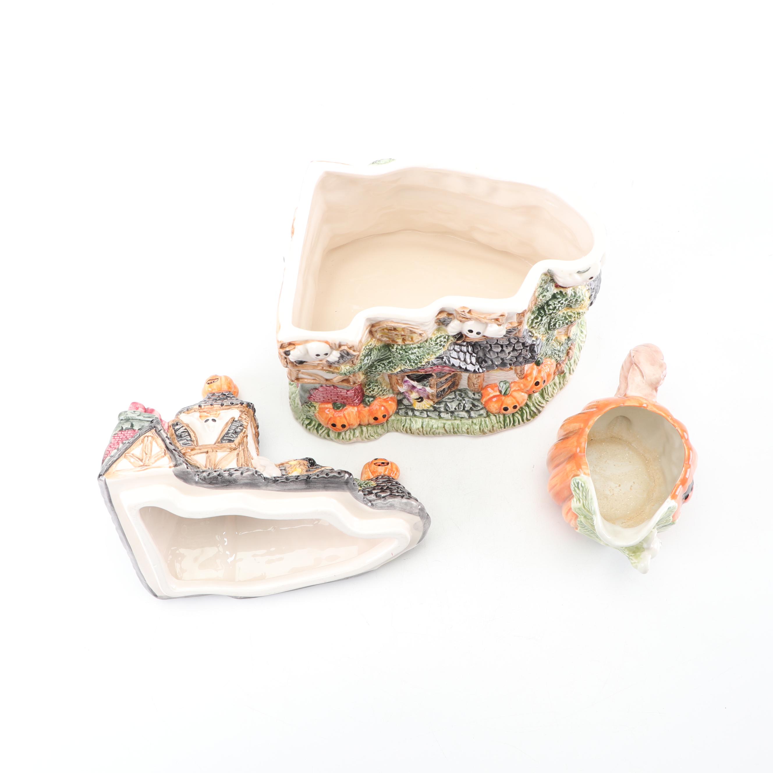 Fitz and Floyd Haunted House Cookie Jar and Jack 'O Lantern Pitcher