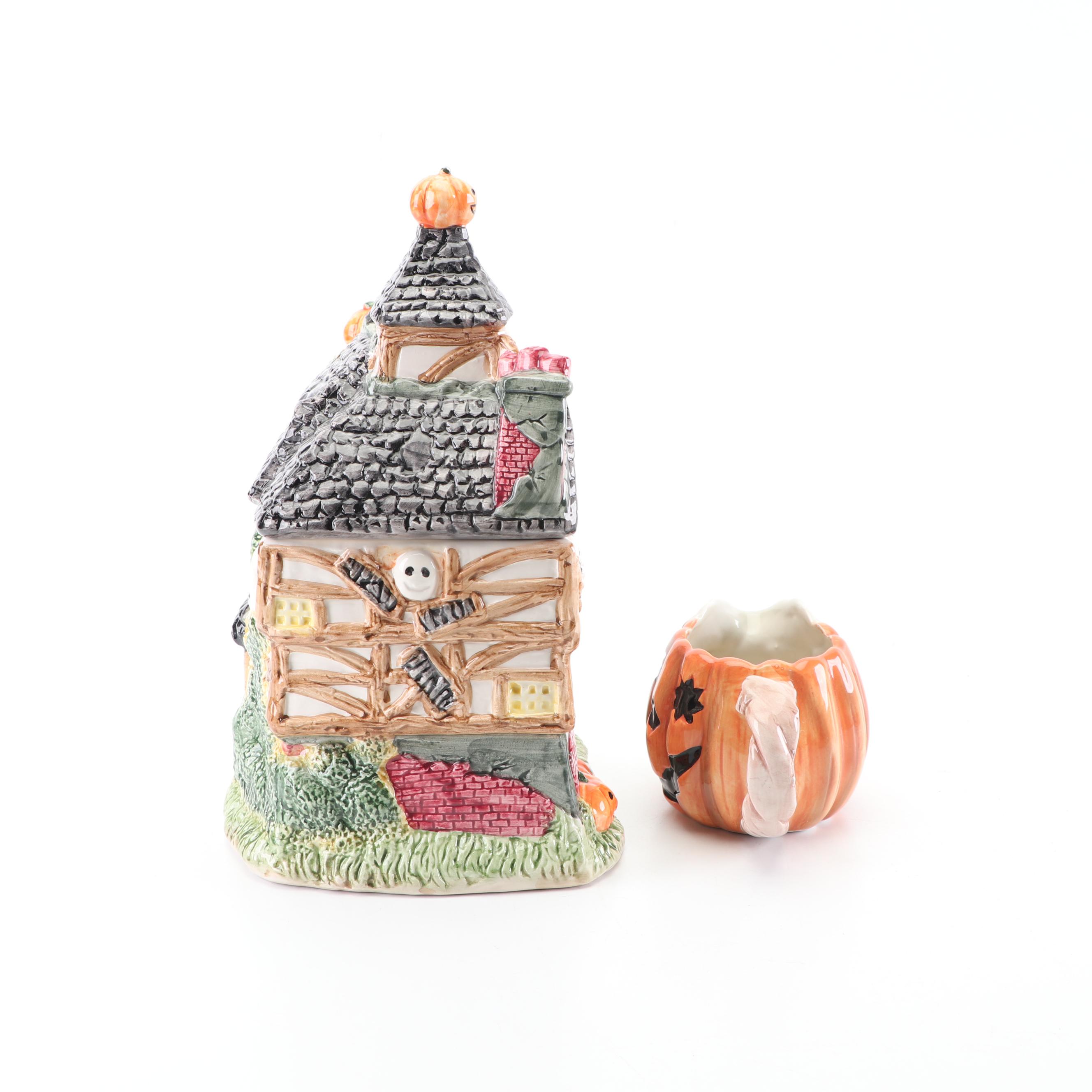 Fitz and Floyd Haunted House Cookie Jar and Jack 'O Lantern Pitcher