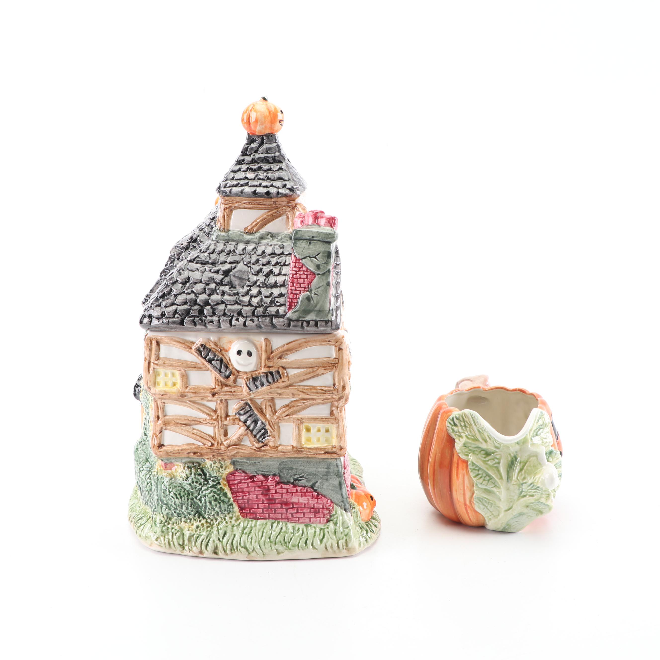 Fitz and Floyd Haunted House Cookie Jar and Jack 'O Lantern Pitcher