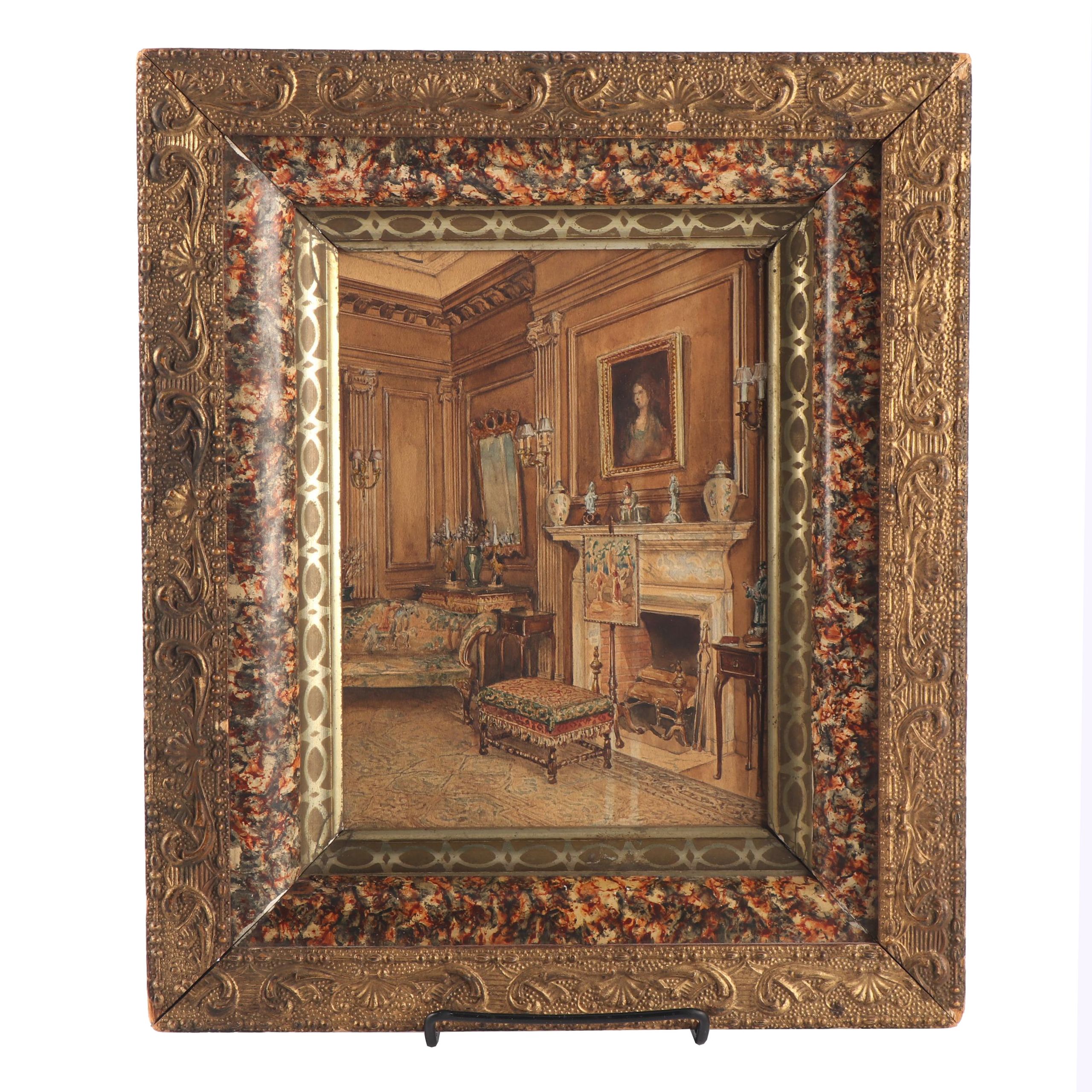 Watercolor and Gouache Painting of Victorian Style Interior