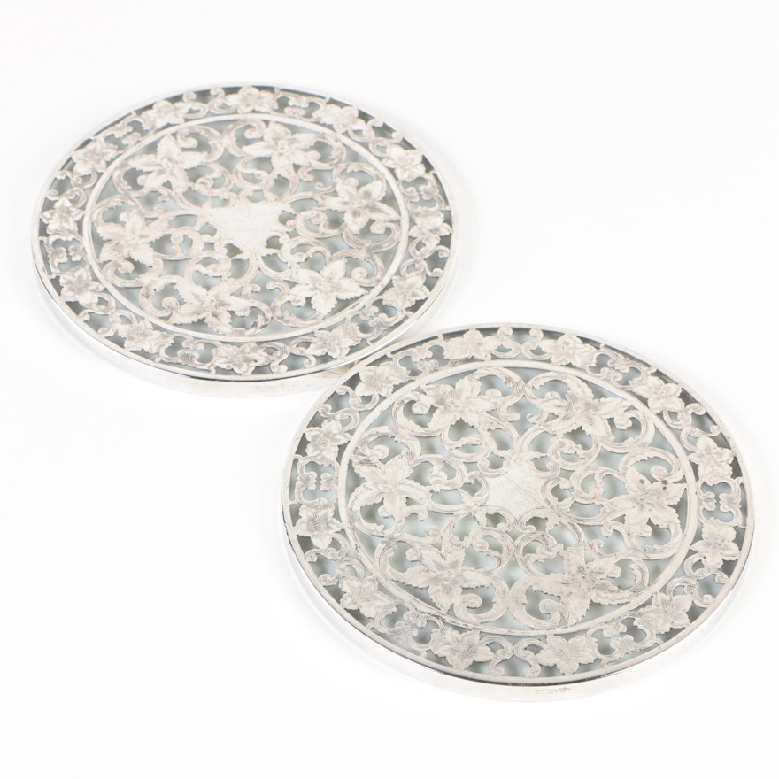 Webster Co. Sterling Silver Overlaid Glass Trivets, Early 20th Century