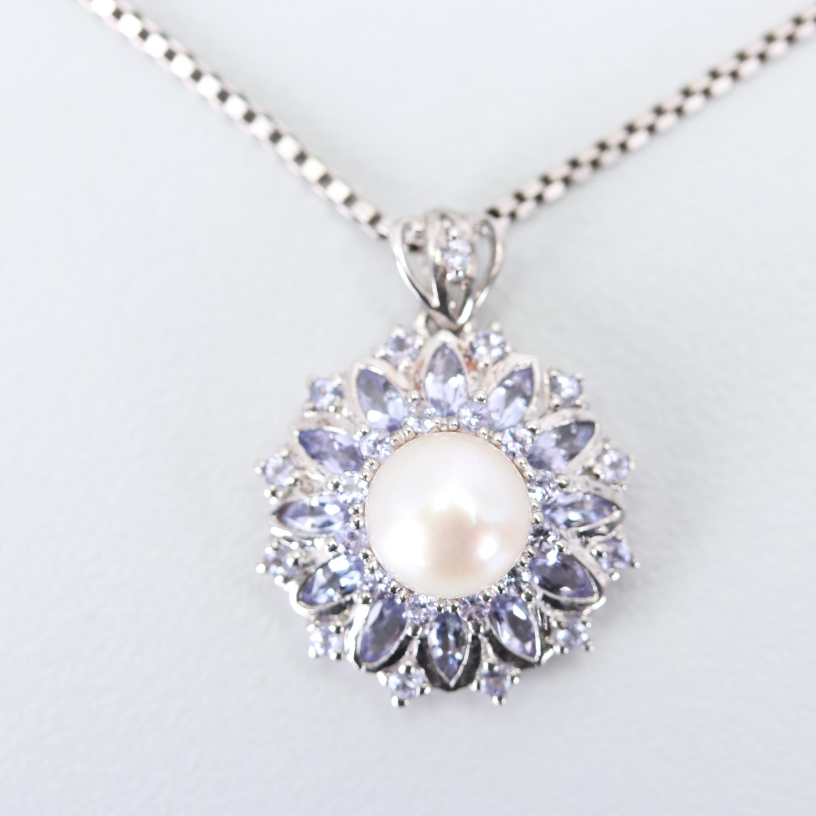 Sterling Silver Freshwater Pearl and Tanzanite Necklace and Gemstone Rings